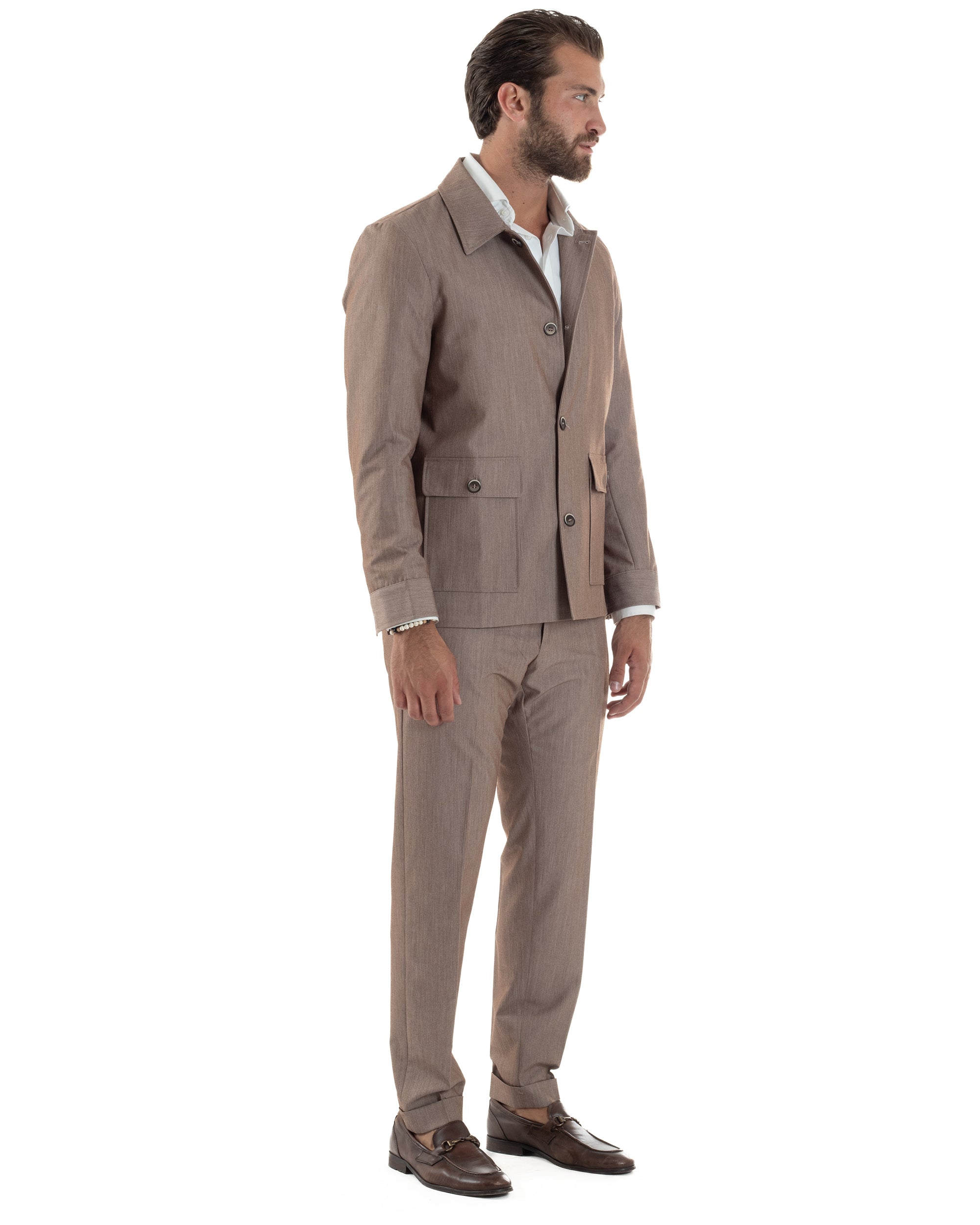 Abito Uomo Completo Giacca Con Colletto Sahariana Pantaloni Abbottonatura Allungata Casual Elegante Regular Fit Tortora GIOSAL-AE1145A