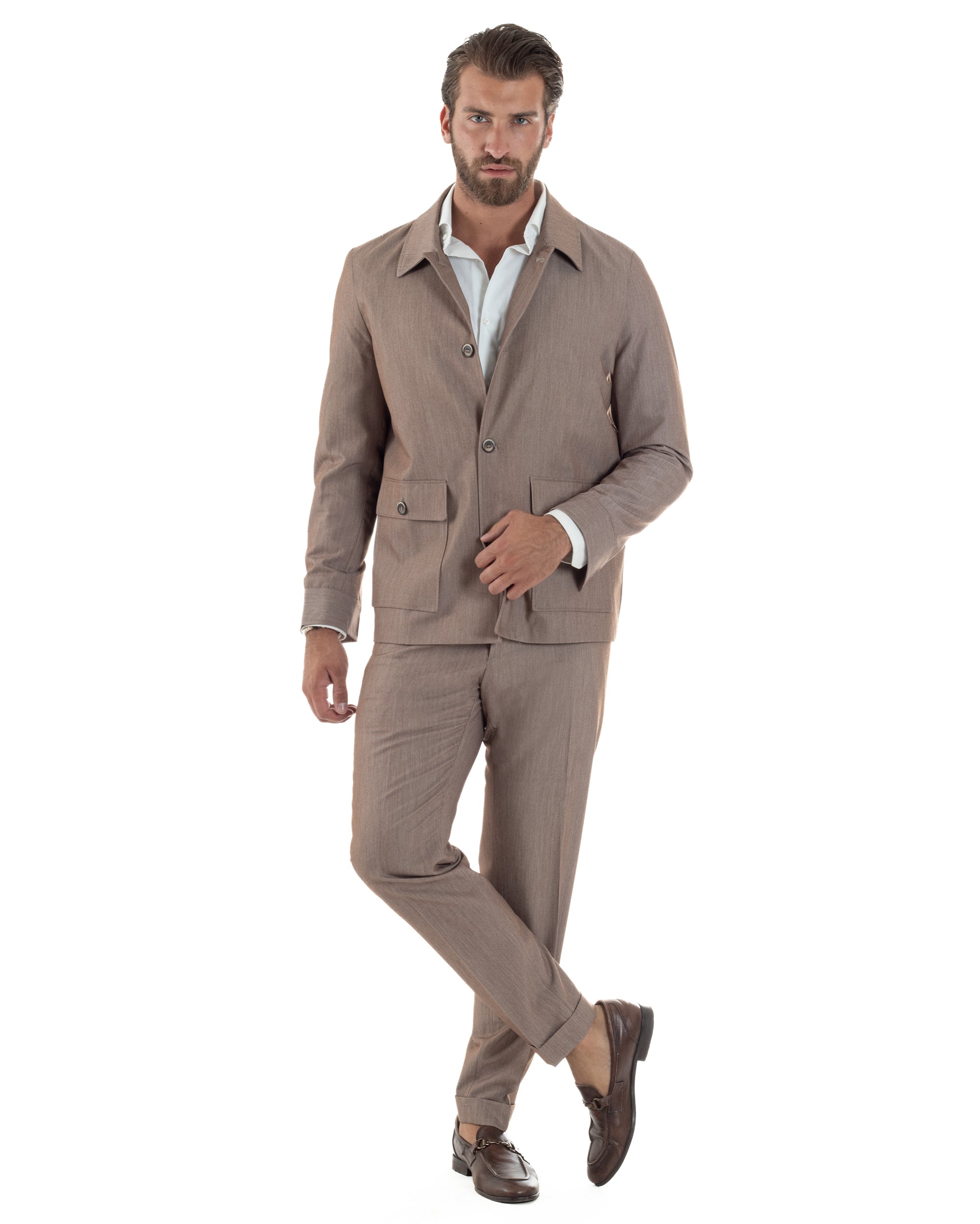 Abito Uomo Completo Giacca Con Colletto Sahariana Pantaloni Abbottonat