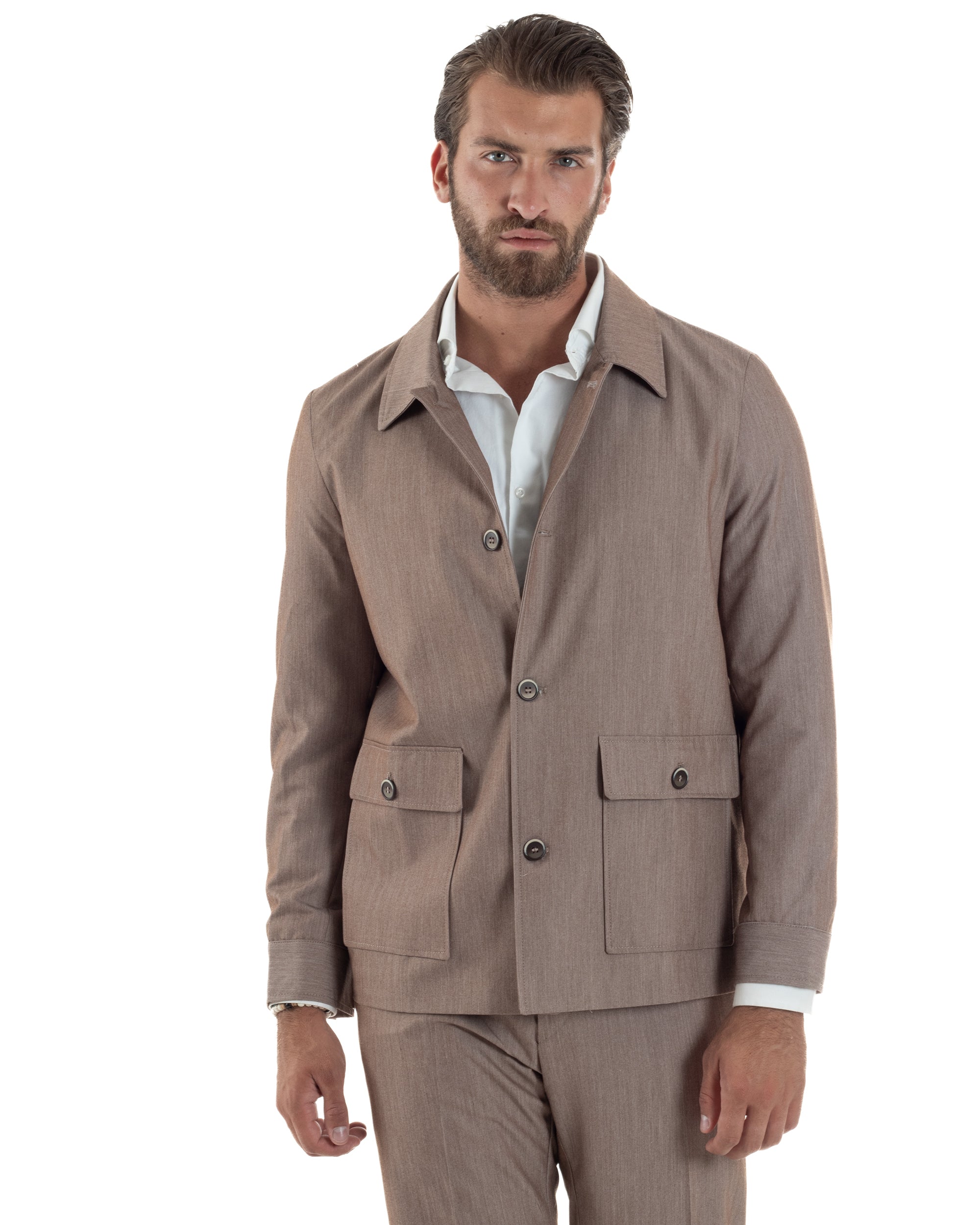 Abito Uomo Completo Giacca Con Colletto Sahariana Pantaloni Abbottonatura Allungata Casual Elegante Regular Fit Tortora GIOSAL-AE1145A