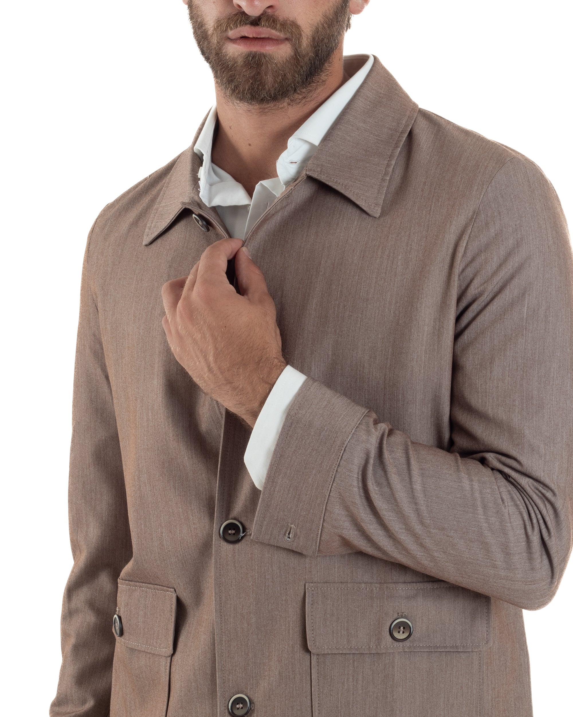 Abito Uomo Completo Giacca Con Colletto Sahariana Pantaloni Abbottonatura Allungata Casual Elegante Regular Fit Tortora GIOSAL-AE1145A