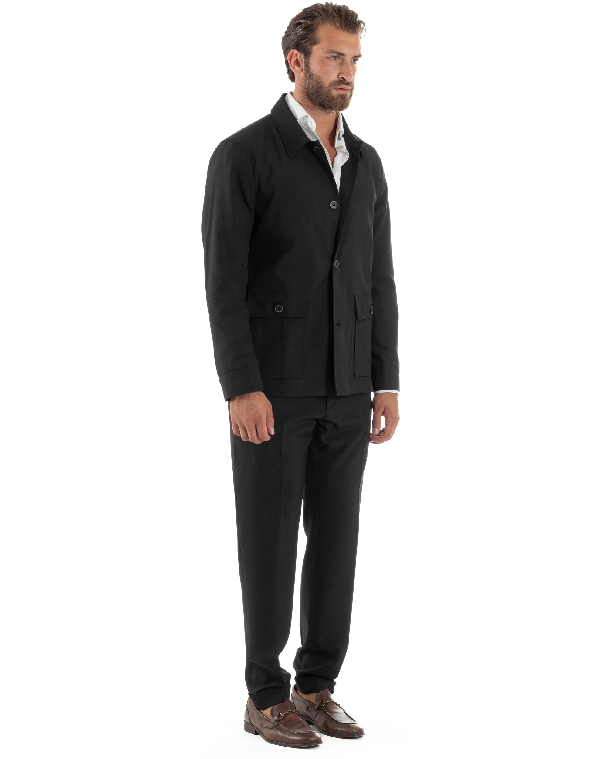 Abito Uomo Completo Giacca Con Colletto Sahariana Pantaloni Abbottonatura Allungata Casual Elegante Regular Fit Nero GIOSAL-AE1146A