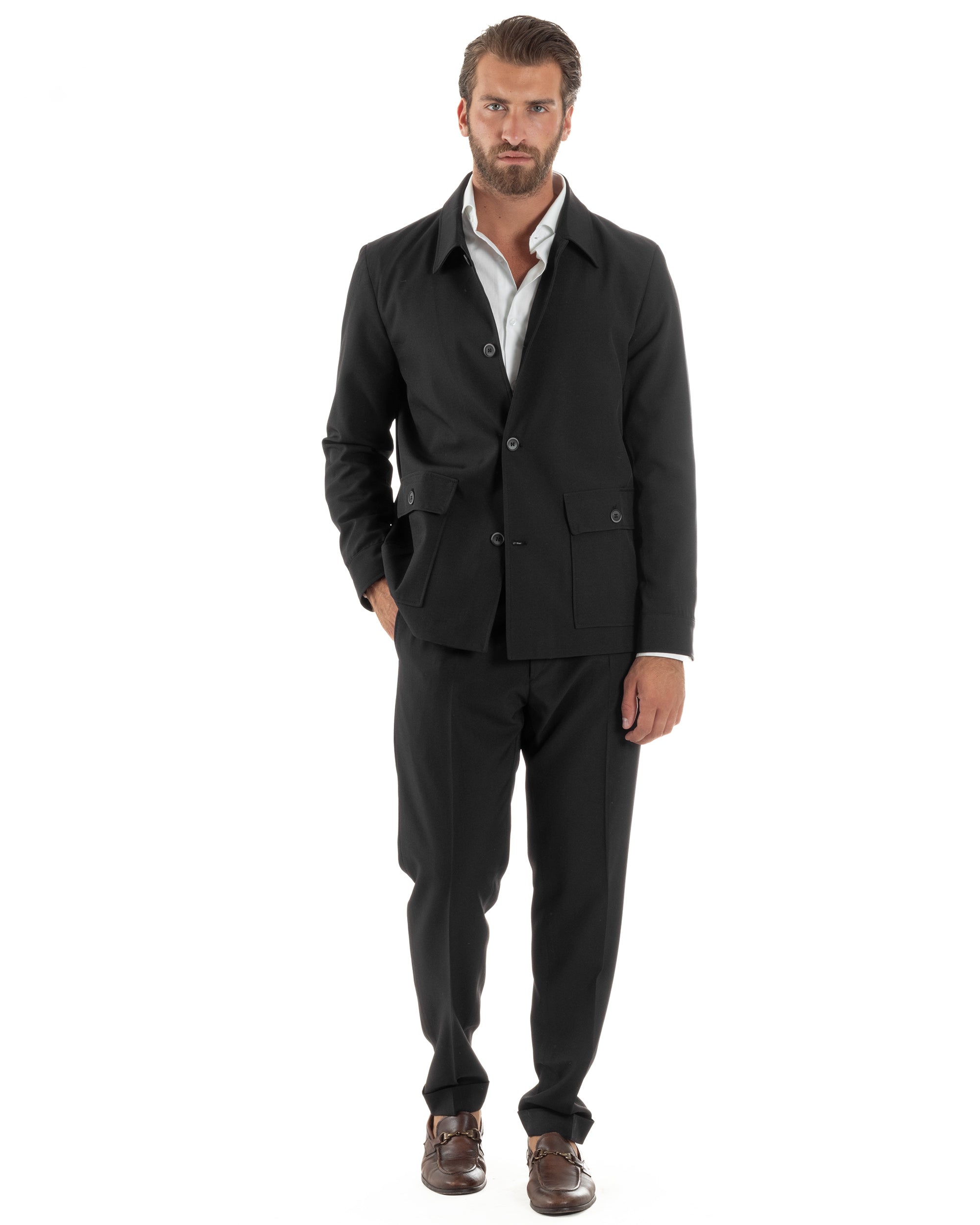 Abito Uomo Completo Giacca Con Colletto Sahariana Pantaloni Abbottonatura Allungata Casual Elegante Regular Fit Nero GIOSAL-AE1146A