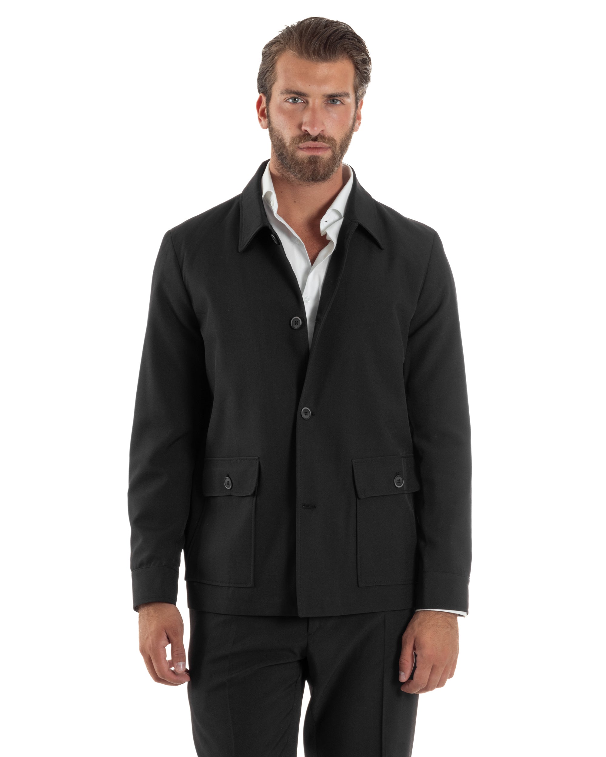 Abito Uomo Completo Giacca Con Colletto Sahariana Pantaloni Abbottonatura Allungata Casual Elegante Regular Fit Nero GIOSAL-AE1146A