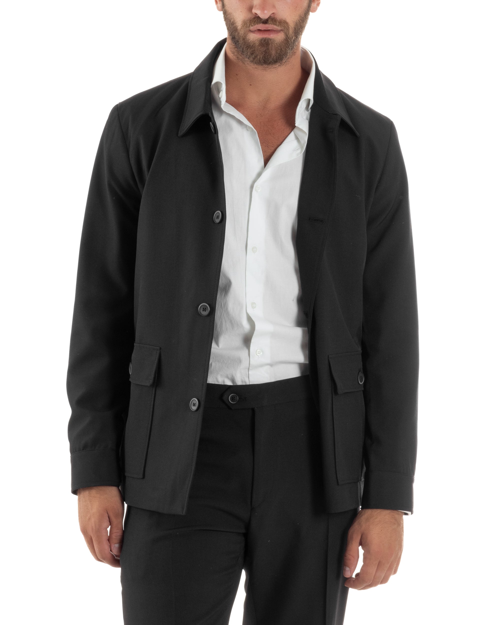 Abito Uomo Completo Giacca Con Colletto Sahariana Pantaloni Abbottonatura Allungata Casual Elegante Regular Fit Nero GIOSAL-AE1146A