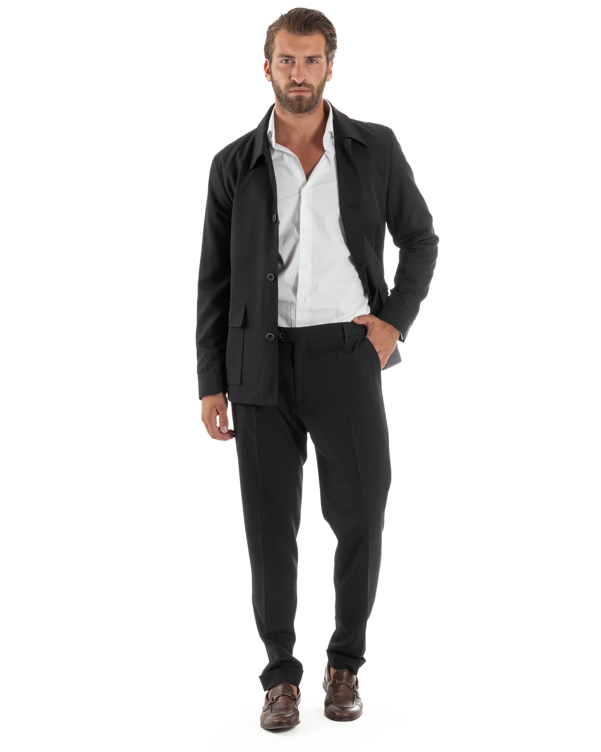 Abito Uomo Completo Giacca Con Colletto Sahariana Pantaloni Abbottonatura Allungata Casual Elegante Regular Fit Nero GIOSAL-AE1146A