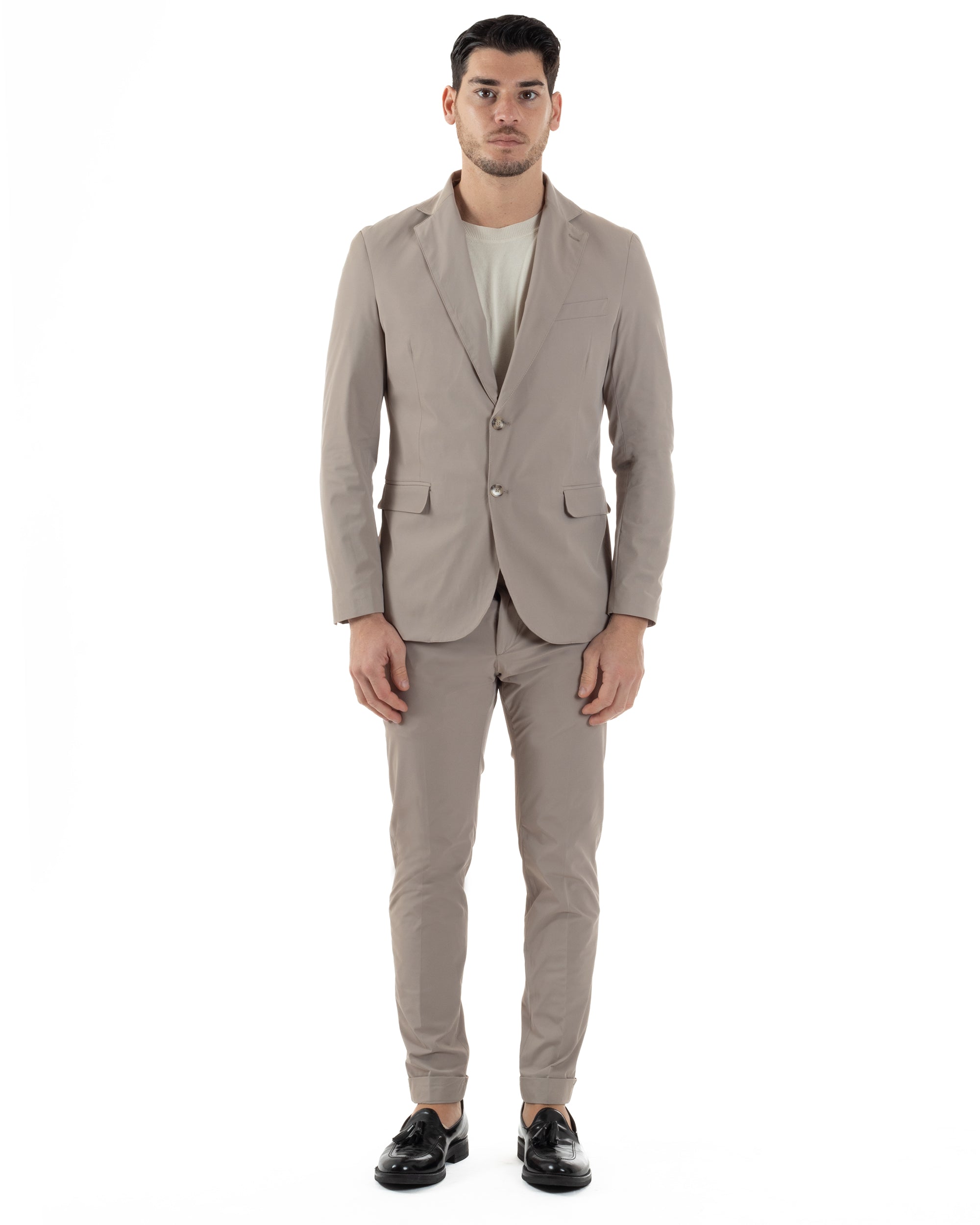 Abito Uomo Monopetto Vestito No Stiro Completo Casual Giacca Pantaloni Abbottonatura Allungata Elegante Tinta Unita Beige GIOSAL-AE1147A