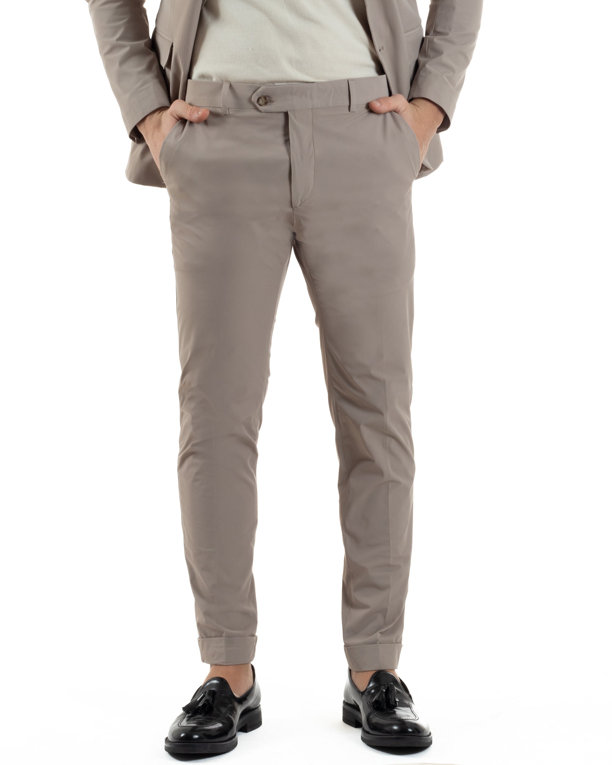 Abito Uomo Monopetto Vestito No Stiro Completo Casual Giacca Pantaloni Abbottonatura Allungata Elegante Tinta Unita Beige GIOSAL-AE1147A