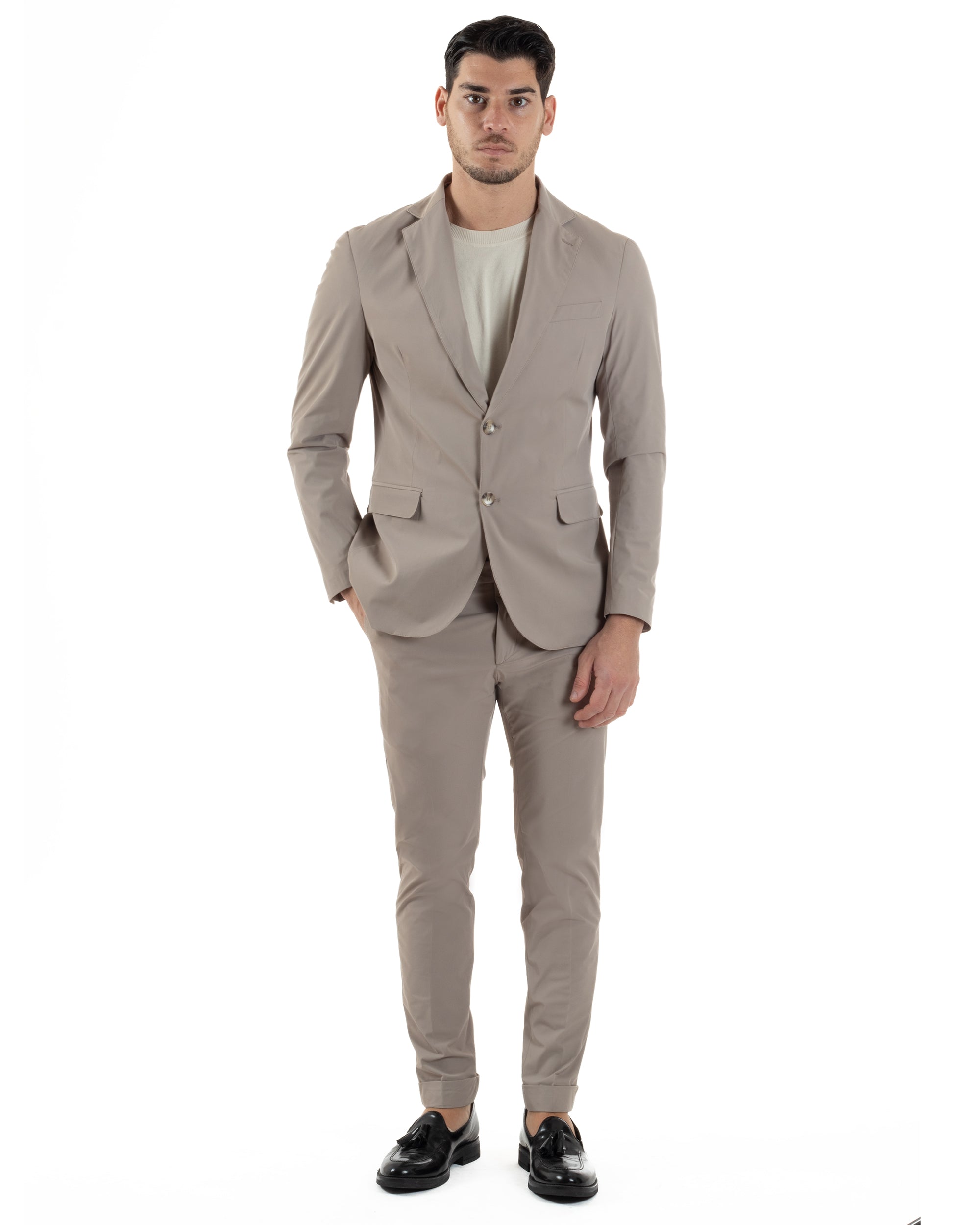 Abito Uomo Monopetto Vestito No Stiro Completo Casual Giacca Pantaloni Abbottonatura Allungata Elegante Tinta Unita Beige GIOSAL-AE1147A