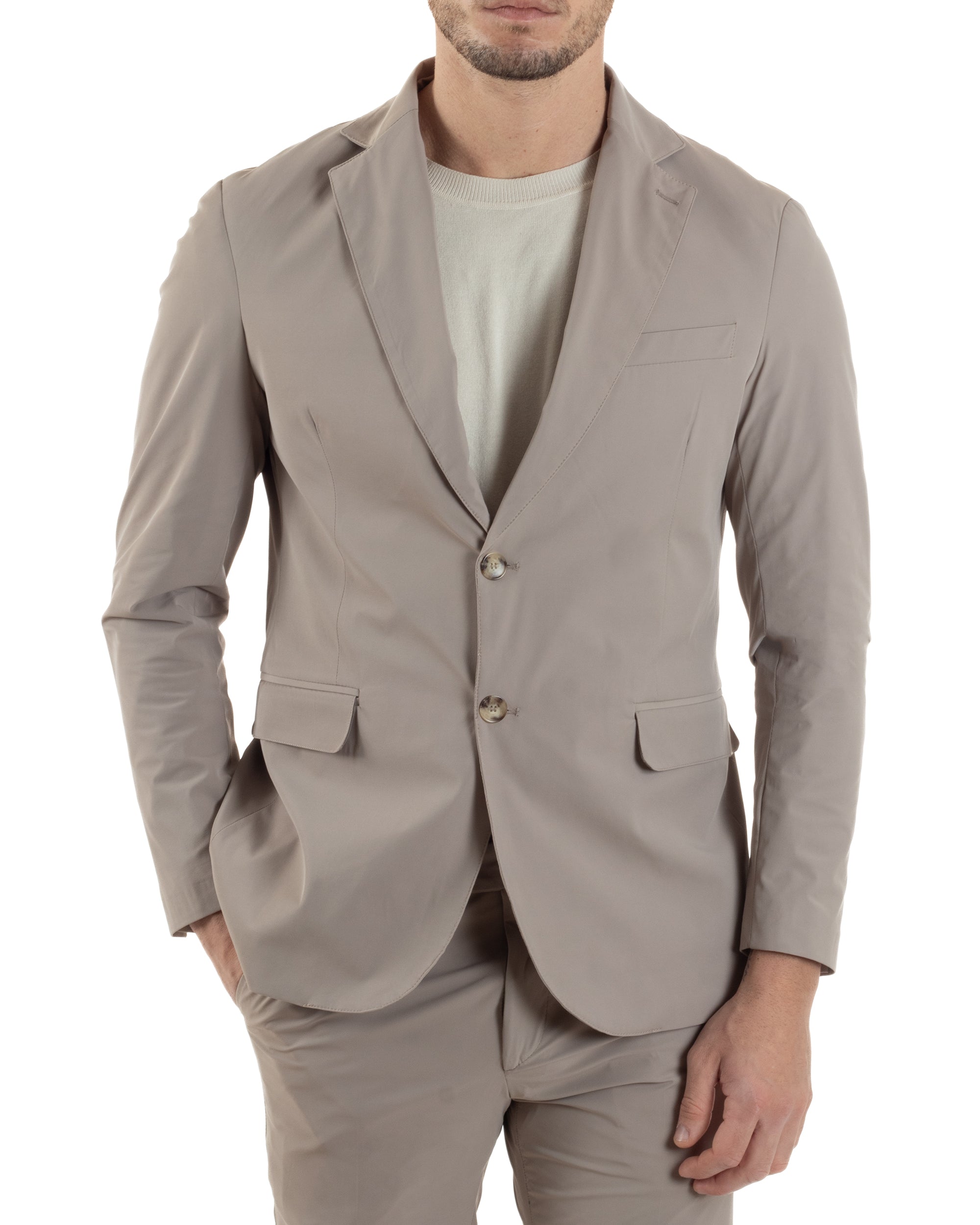 Abito Uomo Monopetto Vestito No Stiro Completo Casual Giacca Pantaloni Abbottonatura Allungata Elegante Tinta Unita Beige GIOSAL-AE1147A