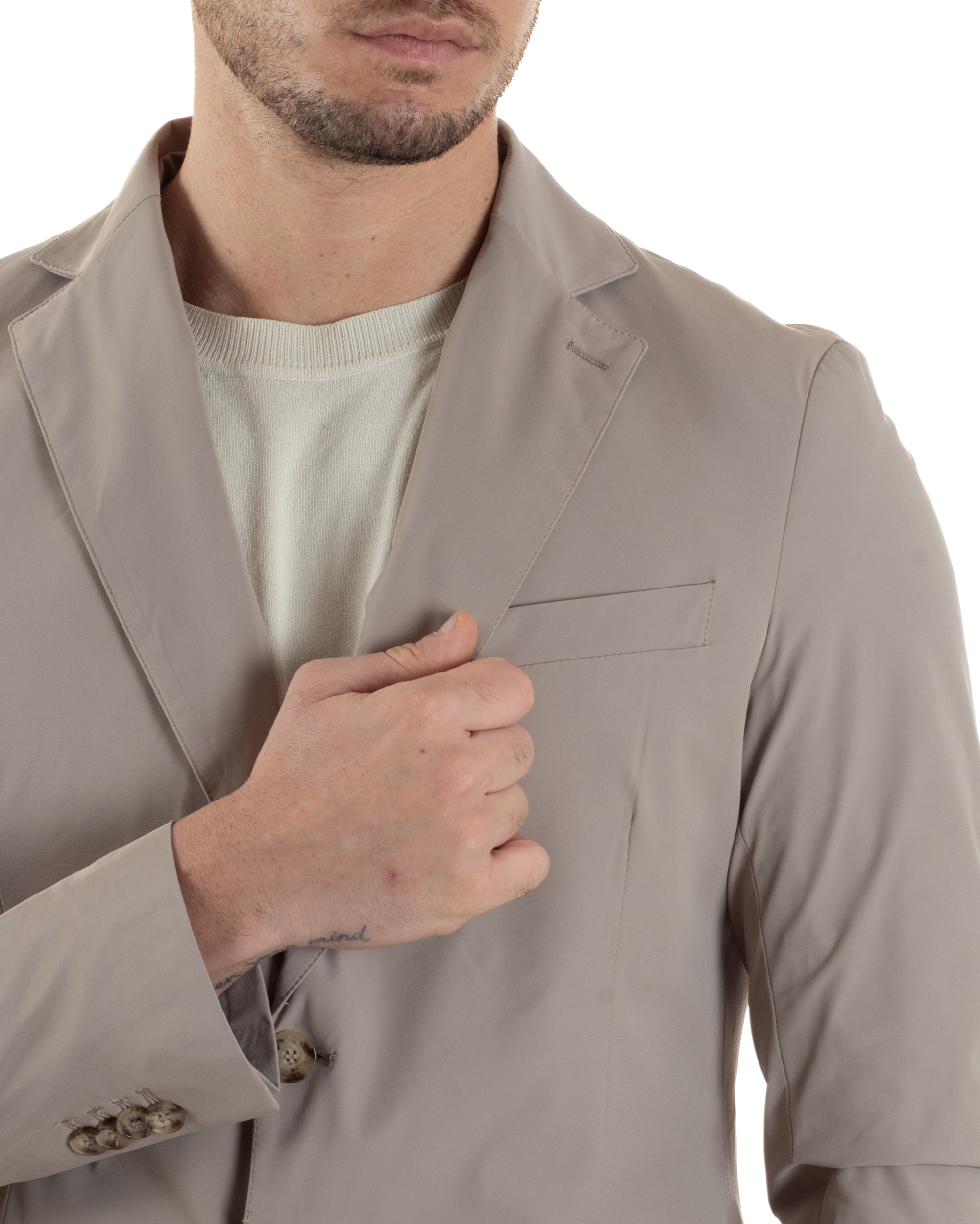 Abito Uomo Monopetto Vestito No Stiro Completo Casual Giacca Pantaloni Abbottonatura Allungata Elegante Tinta Unita Beige GIOSAL-AE1147A