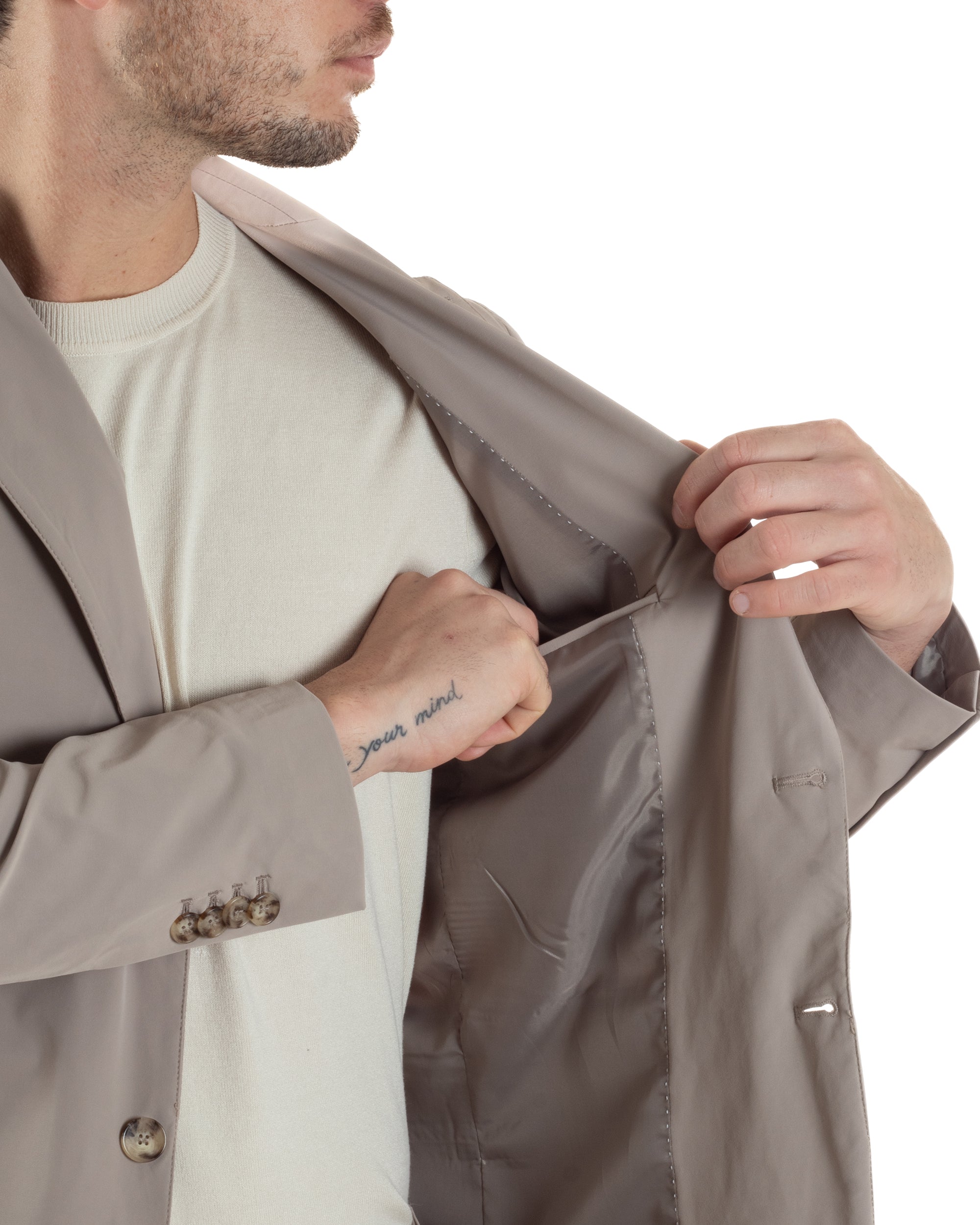 Abito Uomo Monopetto Vestito No Stiro Completo Casual Giacca Pantaloni Abbottonatura Allungata Elegante Tinta Unita Beige GIOSAL-AE1147A