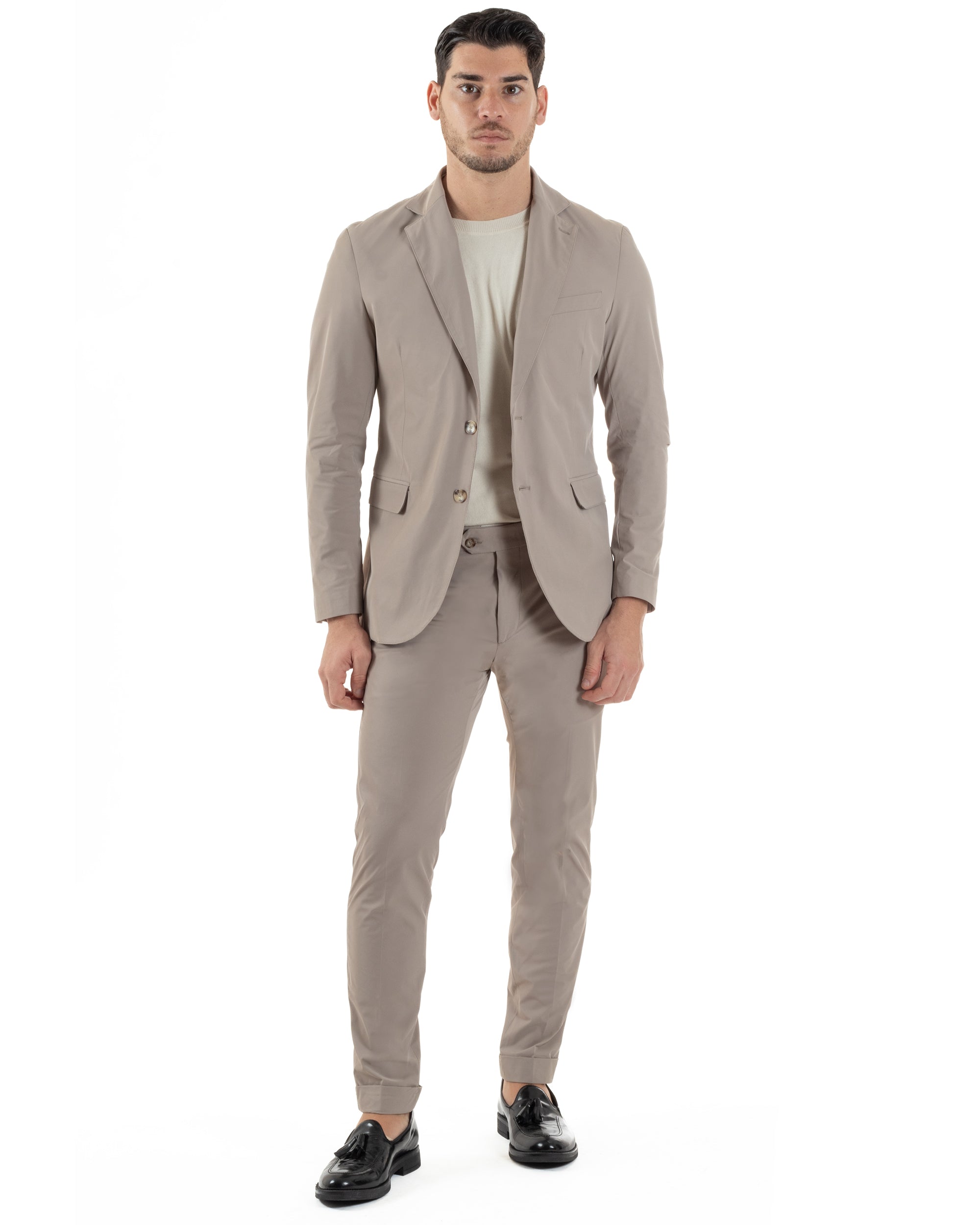 Abito Uomo Monopetto Vestito No Stiro Completo Casual Giacca Pantaloni Abbottonatura Allungata Elegante Tinta Unita Beige GIOSAL-AE1147A