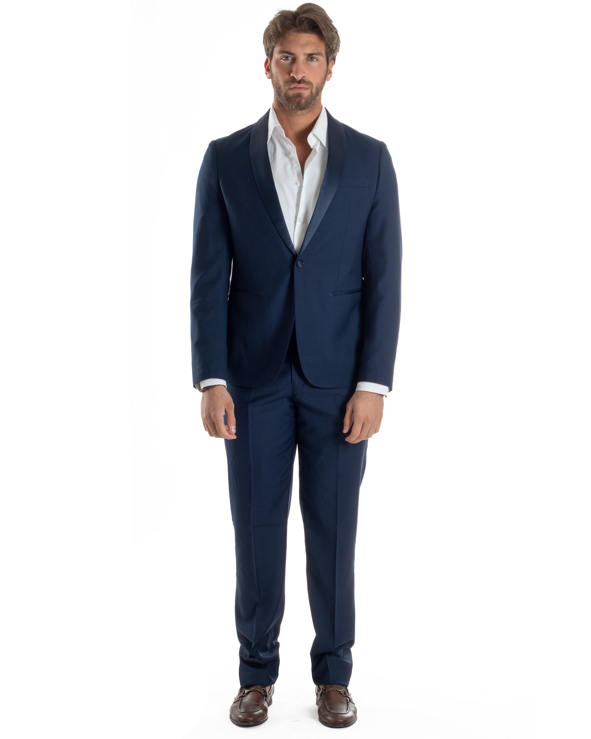 Abito Uomo Monopetto Vestito Completo Giacca Rever Sciallato In Raso Pantaloni Abbottonatura Allungata Smoking Elegante Blu GIOSAL-AE1152A