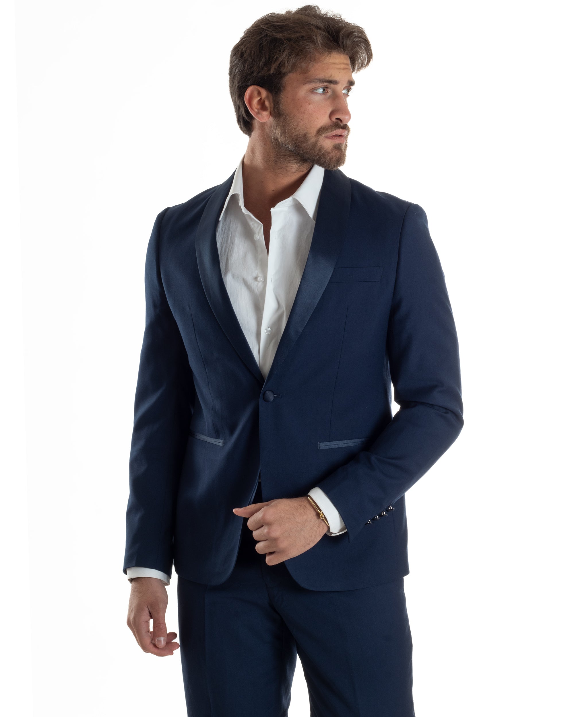 Abito Uomo Monopetto Vestito Completo Giacca Rever Sciallato In Raso Pantaloni Abbottonatura Allungata Smoking Elegante Blu GIOSAL-AE1152A