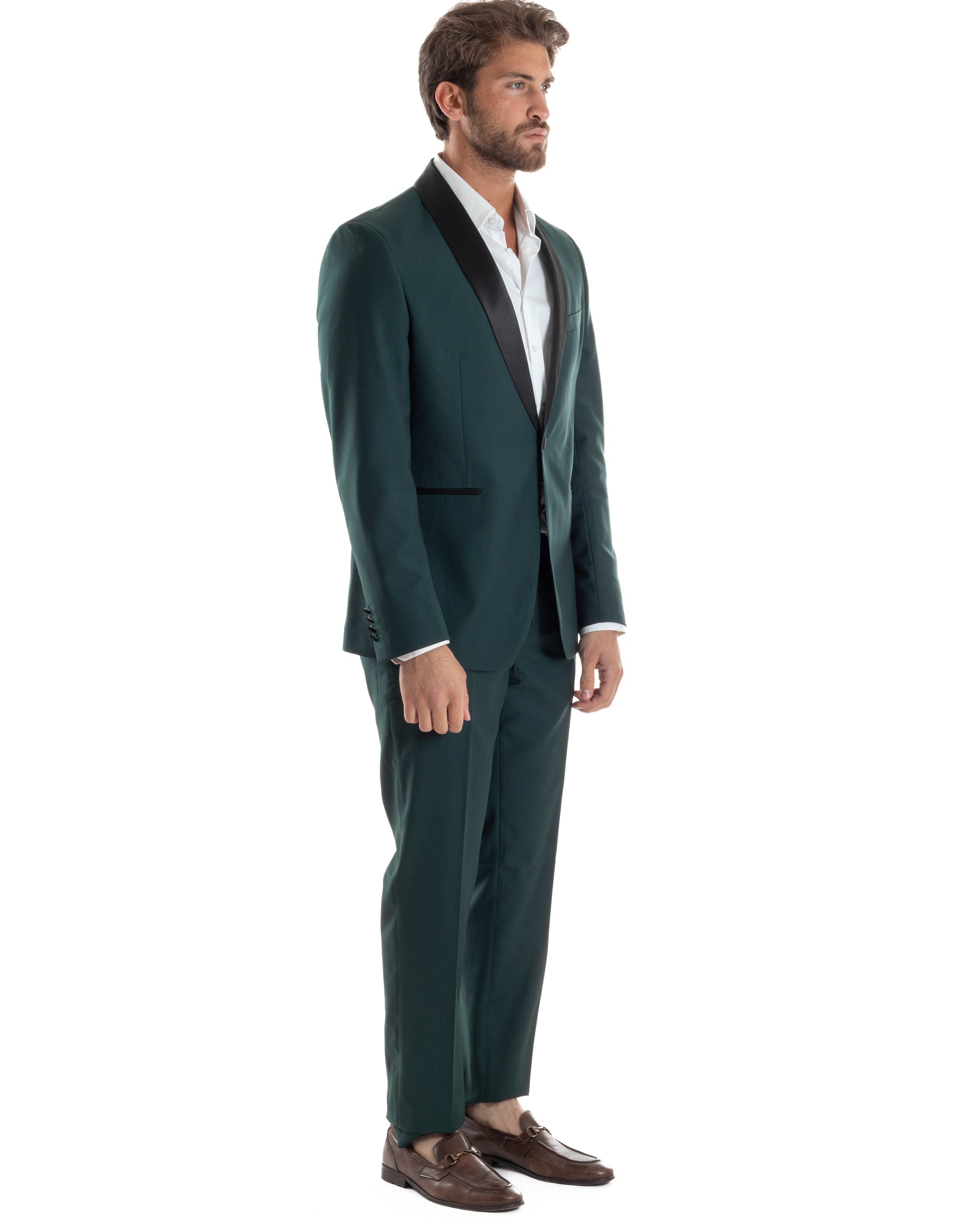 Abito Uomo Monopetto Vestito Completo Giacca Rever Sciallato In Raso Pantaloni Abbottonatura Allungata Smoking Elegante Verde GIOSAL-AE1153A