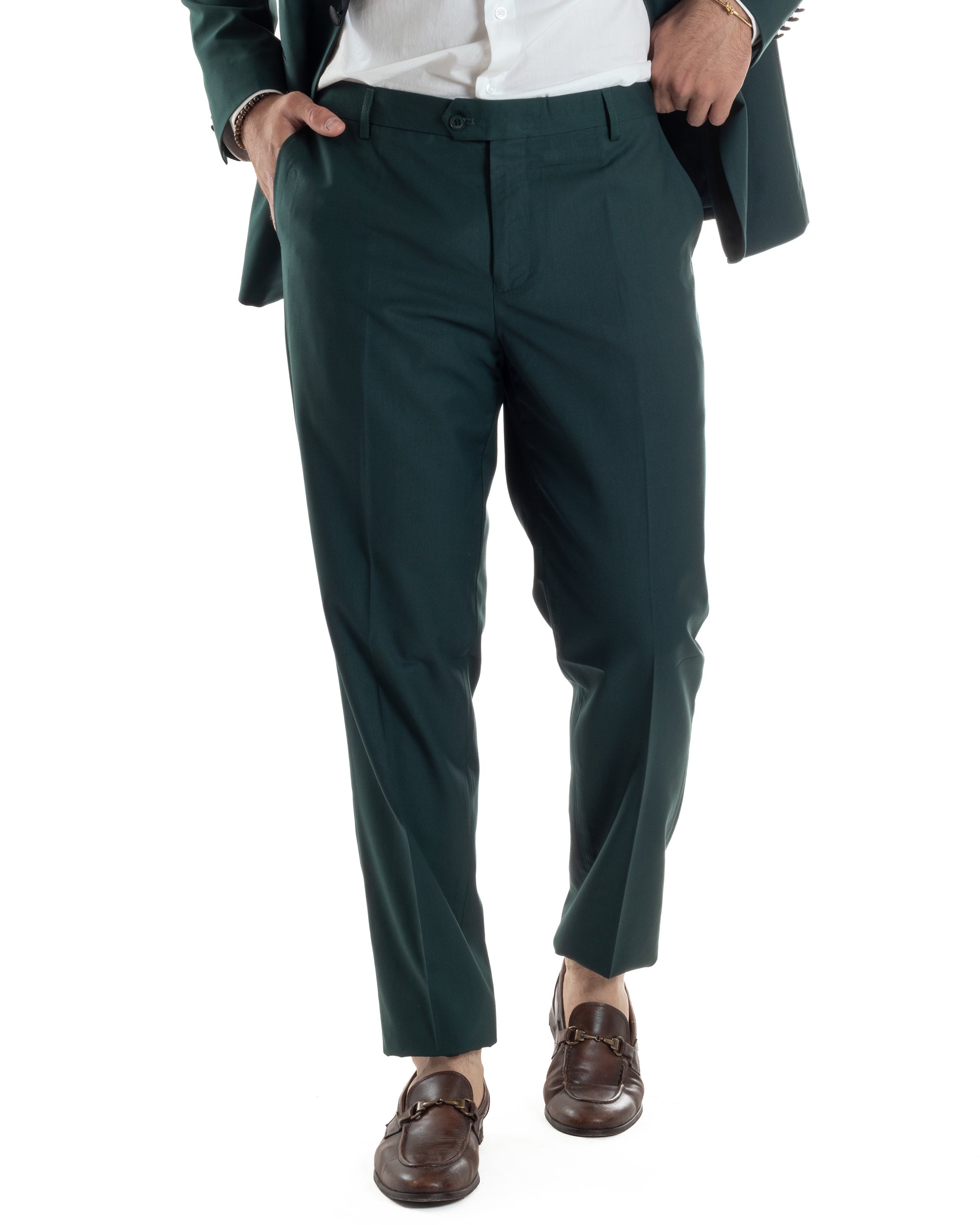 Abito Uomo Monopetto Vestito Completo Giacca Rever Sciallato In Raso Pantaloni Abbottonatura Allungata Smoking Elegante Verde GIOSAL-AE1153A