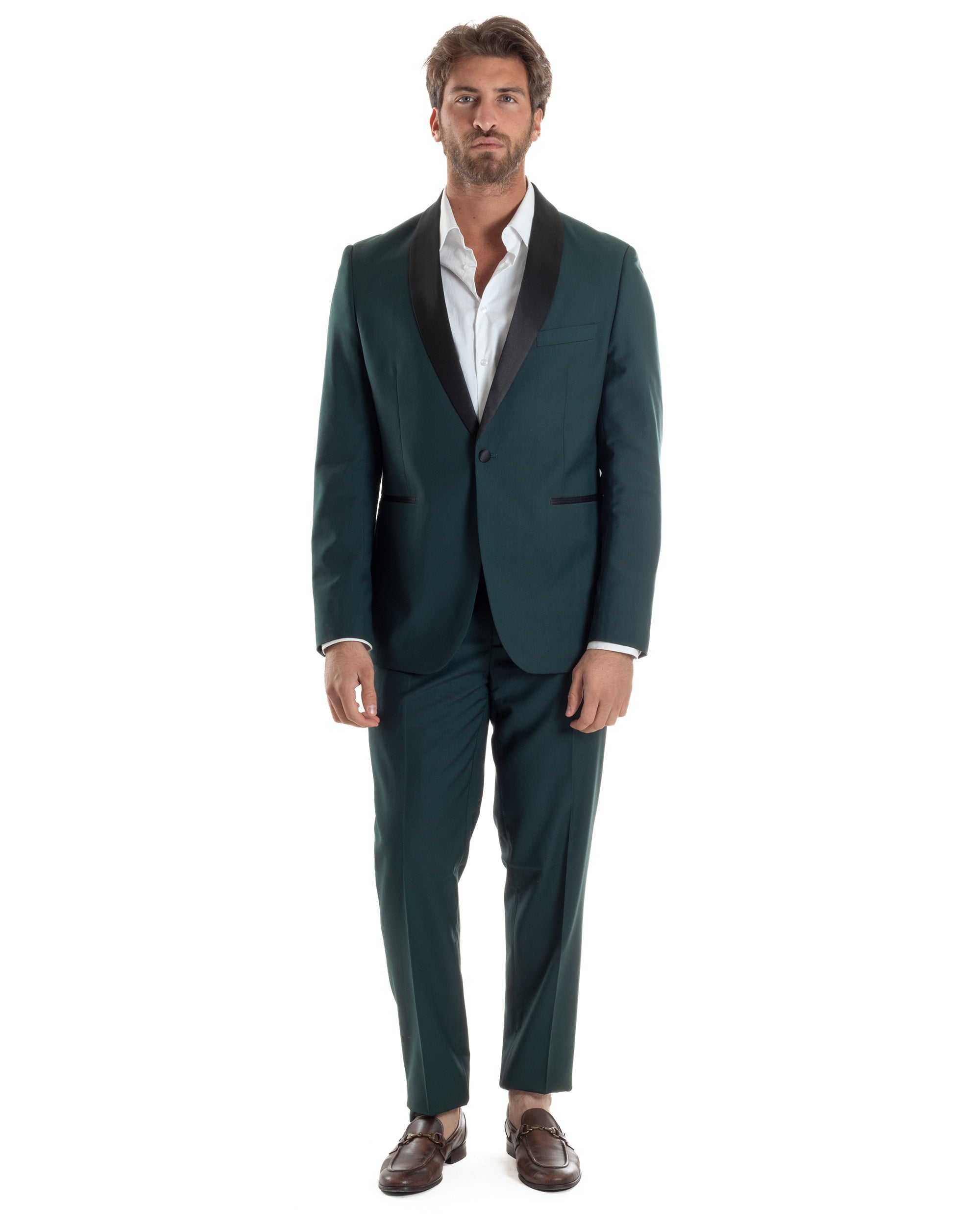 Abito Uomo Monopetto Vestito Completo Giacca Rever Sciallato In Raso Pantaloni Abbottonatura Allungata Smoking Elegante Verde GIOSAL-AE1153A