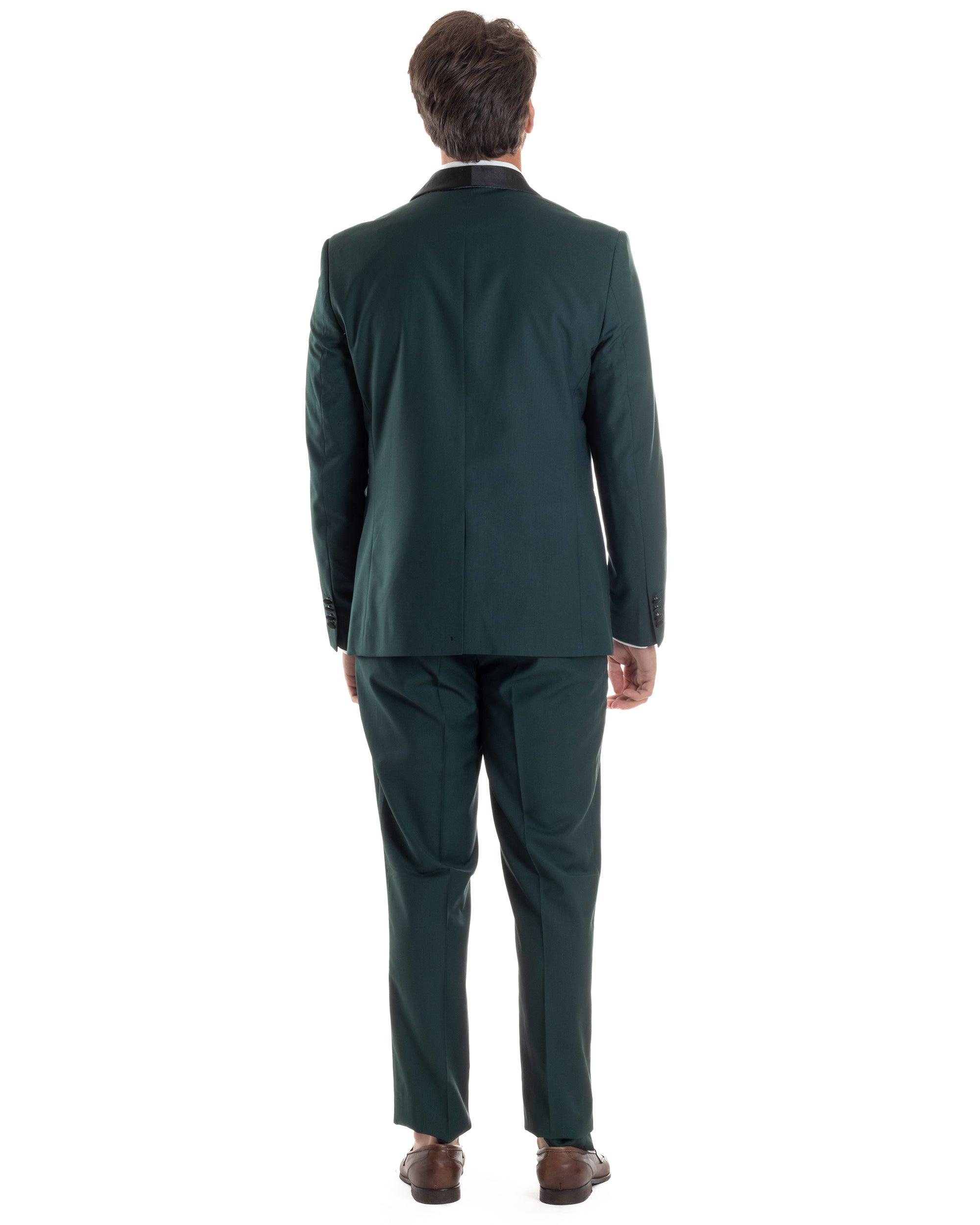 Abito Uomo Monopetto Vestito Completo Giacca Rever Sciallato In Raso Pantaloni Abbottonatura Allungata Smoking Elegante Verde GIOSAL-AE1153A