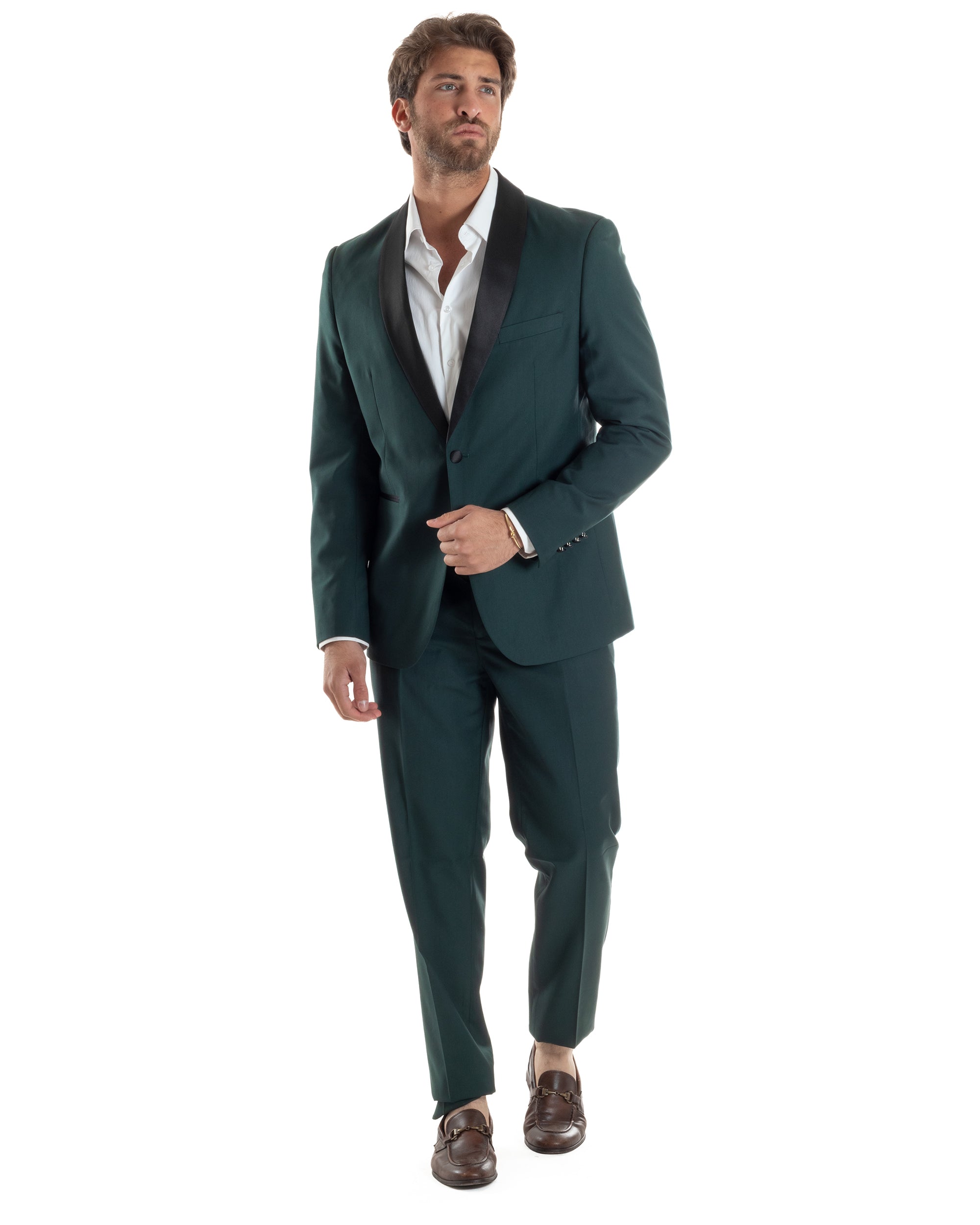 Abito Uomo Monopetto Vestito Completo Giacca Rever Sciallato In Raso Pantaloni Abbottonatura Allungata Smoking Elegante Verde GIOSAL-AE1153A