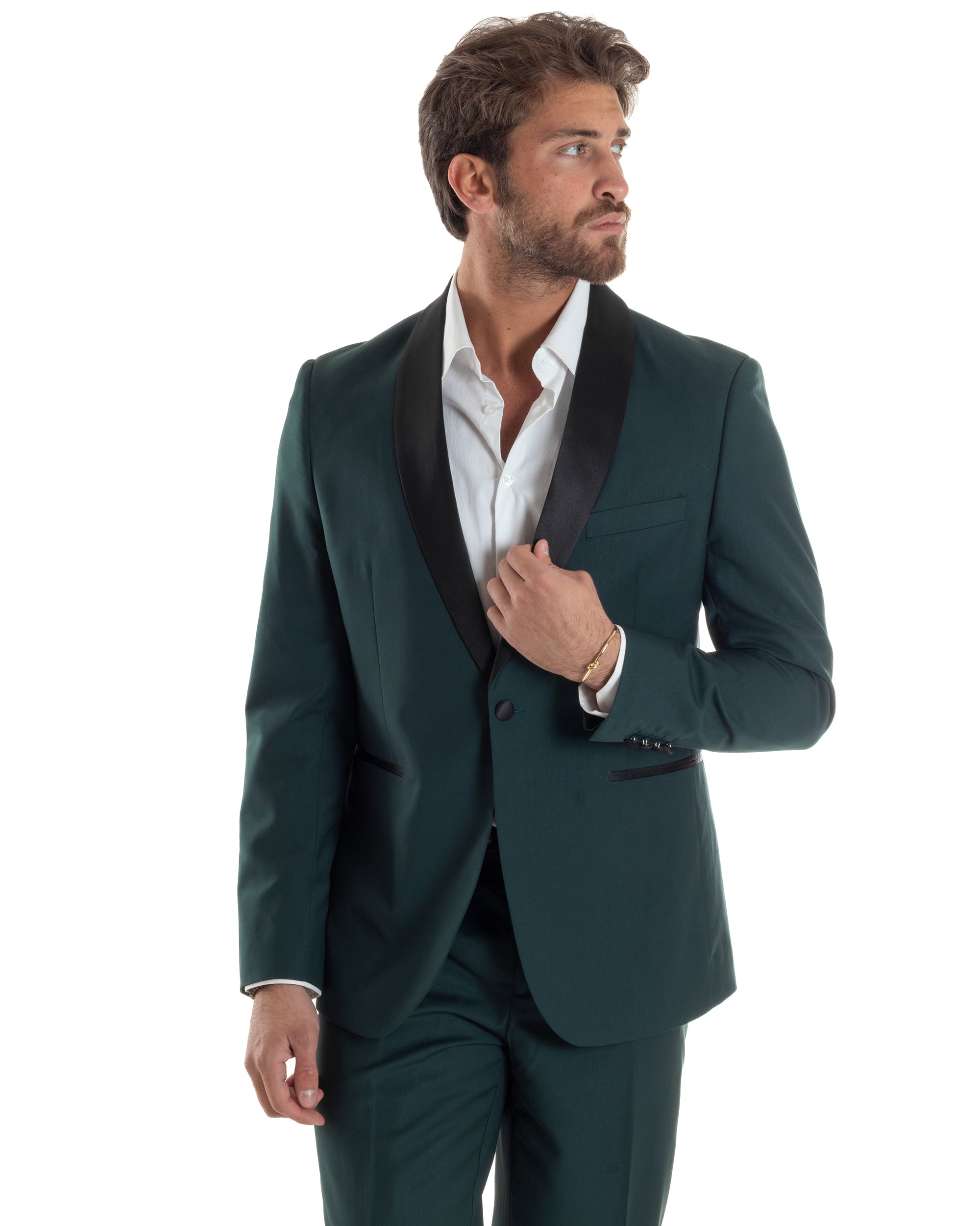 Abito Uomo Monopetto Vestito Completo Giacca Rever Sciallato In Raso Pantaloni Abbottonatura Allungata Smoking Elegante Verde GIOSAL-AE1153A