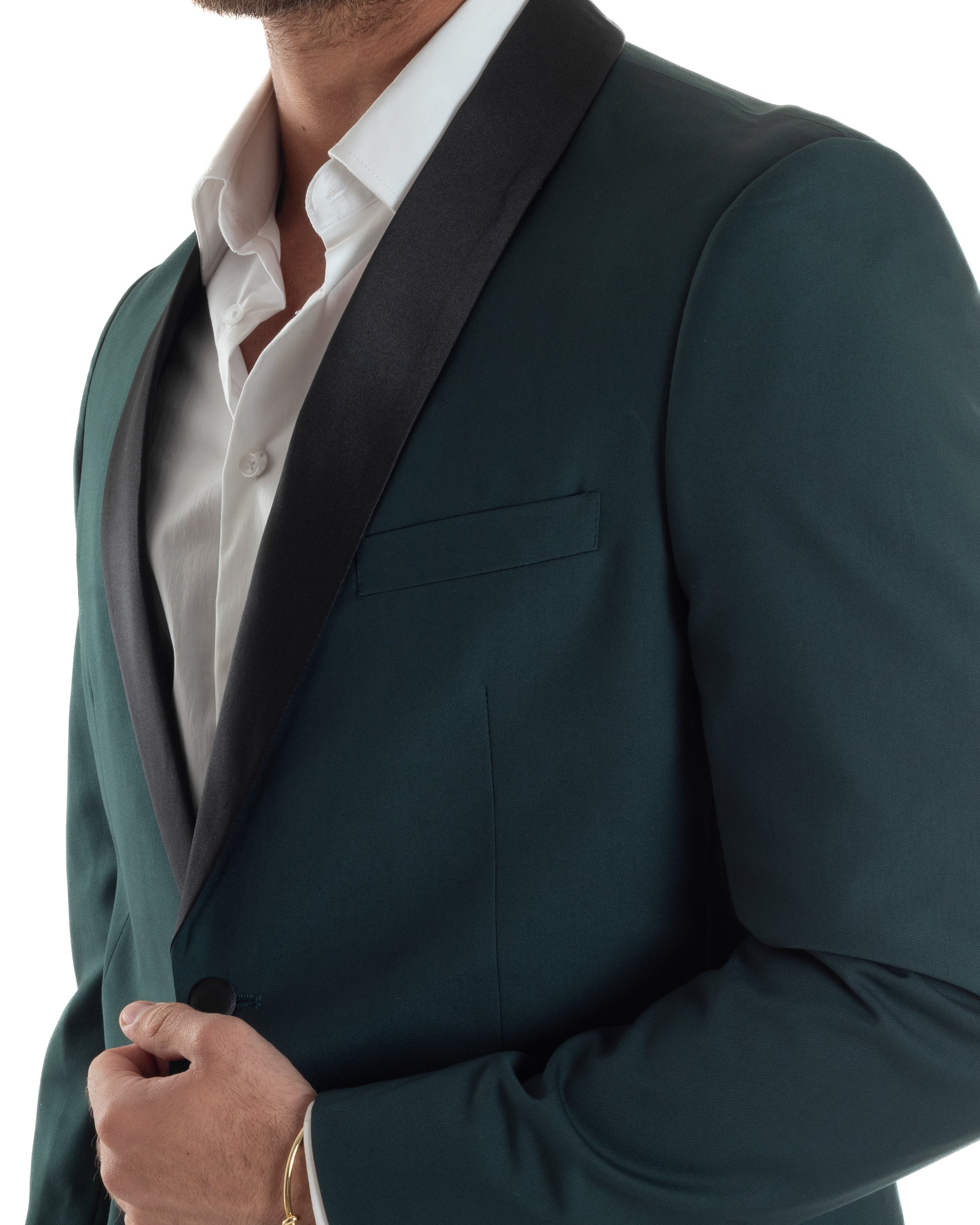 Abito Uomo Monopetto Vestito Completo Giacca Rever Sciallato In Raso Pantaloni Abbottonatura Allungata Smoking Elegante Verde GIOSAL-AE1153A