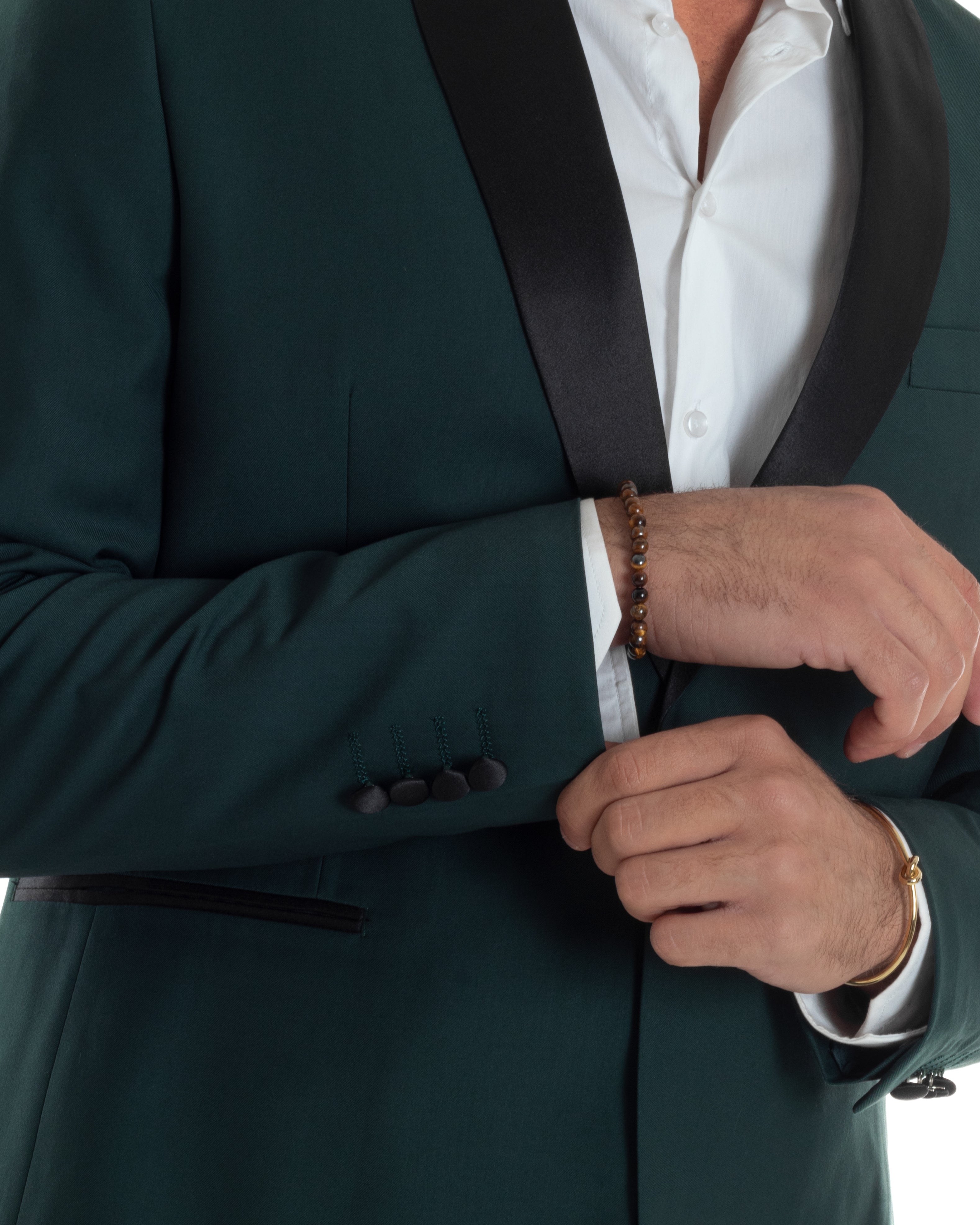 Abito Uomo Monopetto Vestito Completo Giacca Rever Sciallato In Raso Pantaloni Abbottonatura Allungata Smoking Elegante Verde GIOSAL-AE1153A