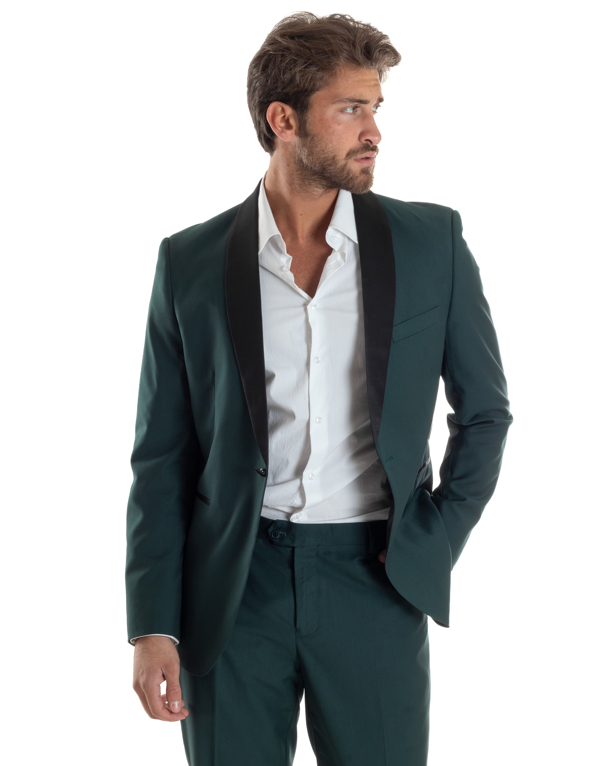Abito Uomo Monopetto Vestito Completo Giacca Rever Sciallato In Raso Pantaloni Abbottonatura Allungata Smoking Elegante Verde GIOSAL-AE1153A