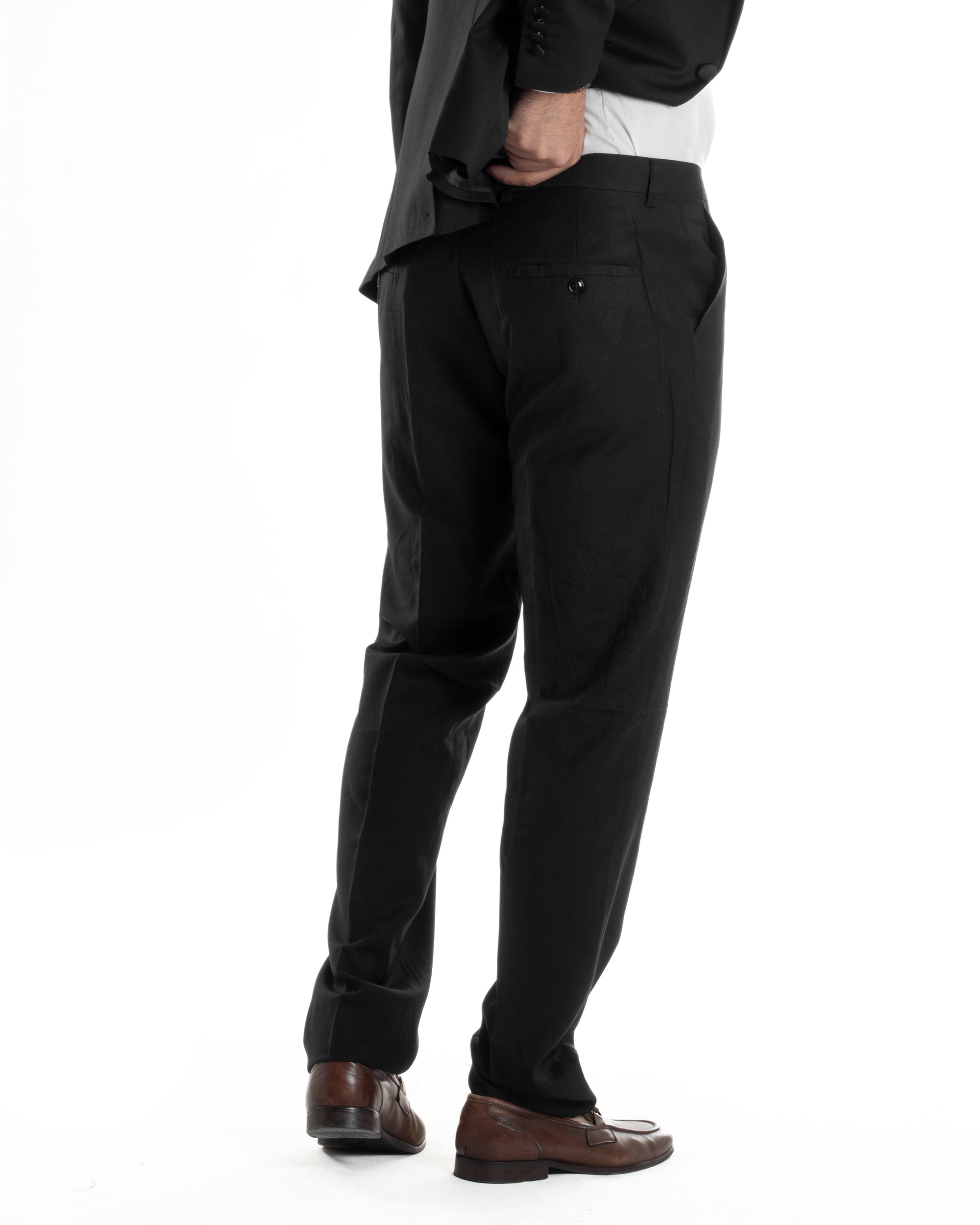 Abito Uomo Monopetto Vestito Completo Giacca Rever Sciallato In Raso Pantaloni Abbottonatura Allungata Smoking Elegante Nero GIOSAL-AE1154A