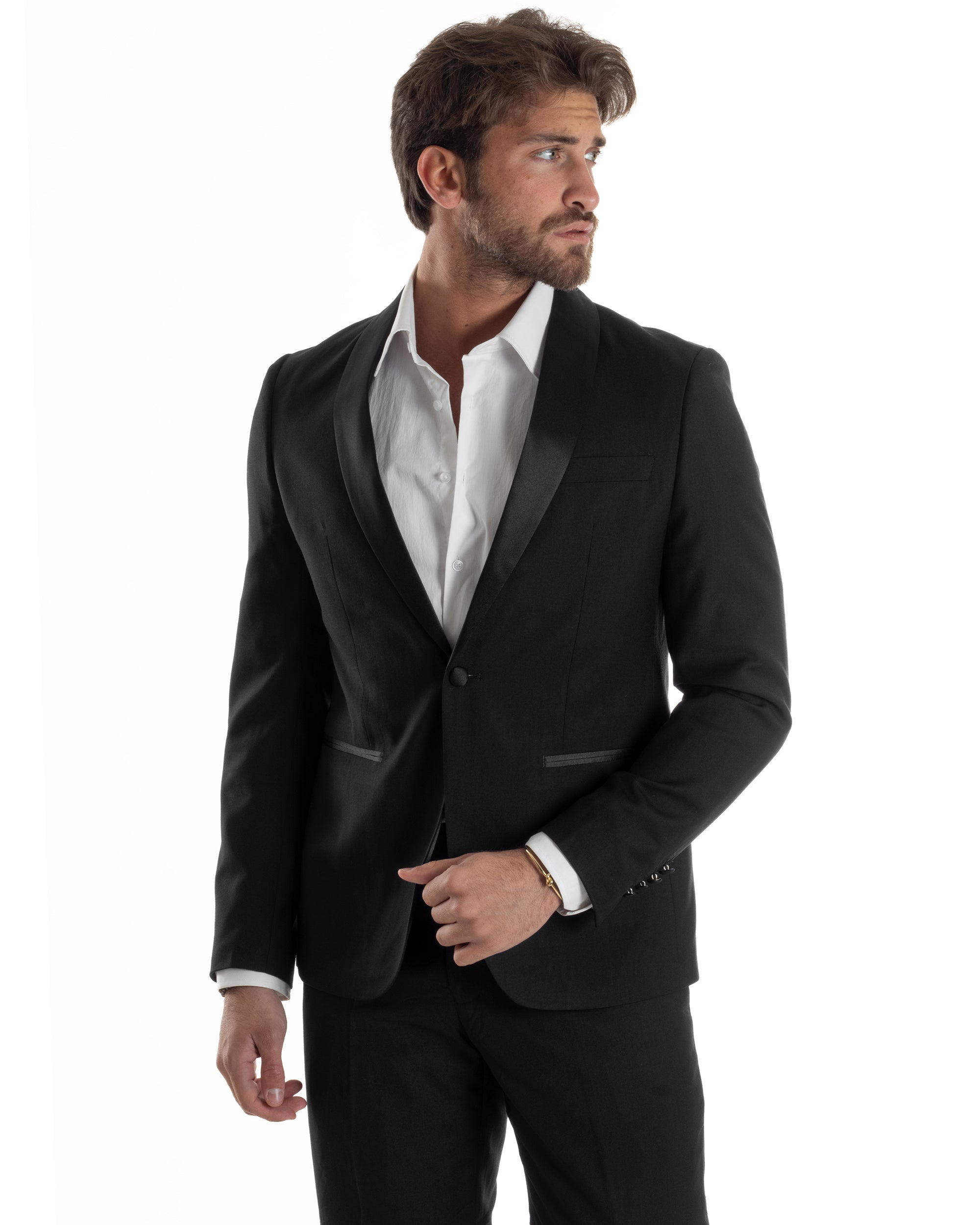 Abito Uomo Monopetto Vestito Completo Giacca Rever Sciallato In Raso Pantaloni Abbottonatura Allungata Smoking Elegante Nero GIOSAL-AE1154A