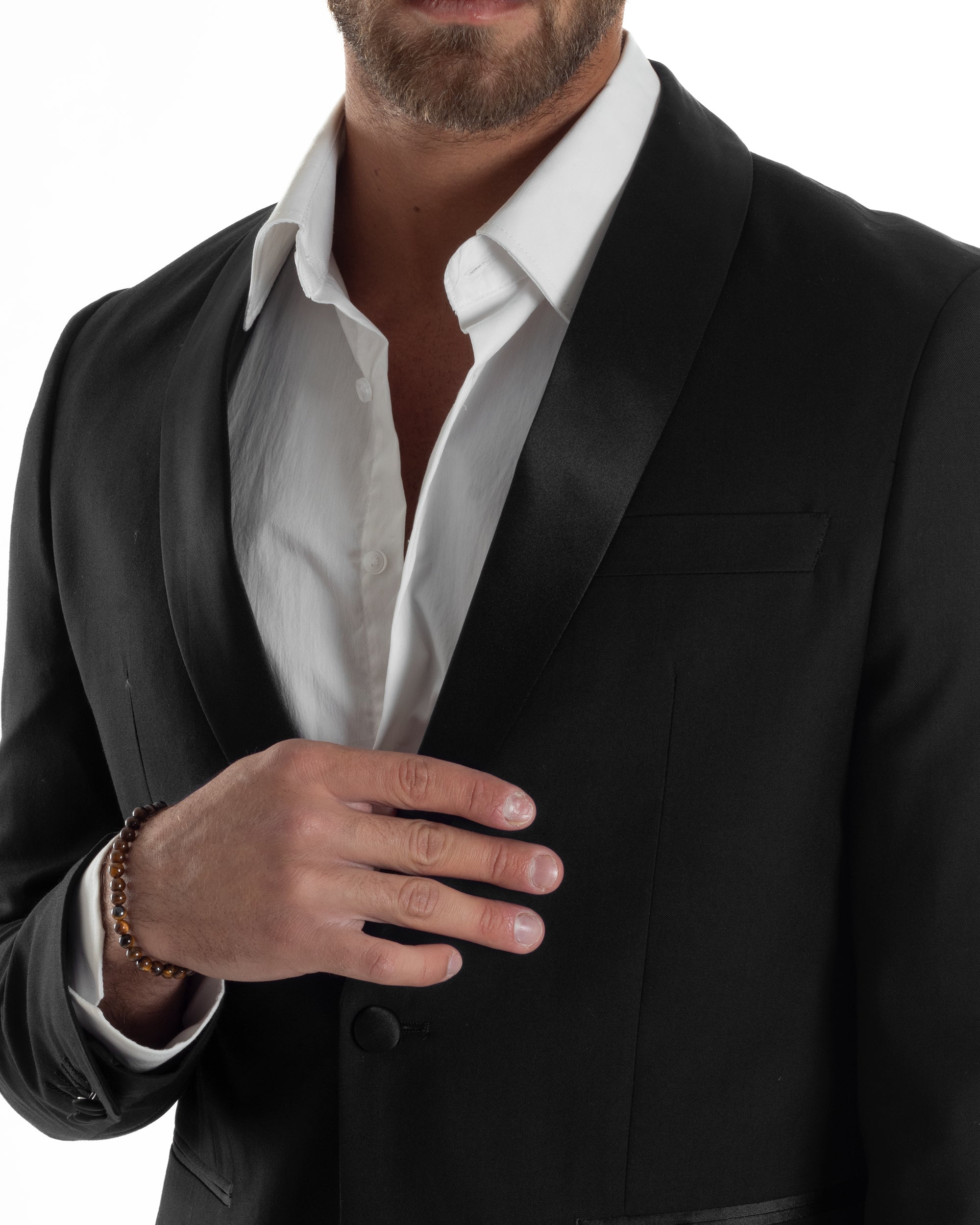 Abito Uomo Monopetto Vestito Completo Giacca Rever Sciallato In Raso Pantaloni Abbottonatura Allungata Smoking Elegante Nero GIOSAL-AE1154A