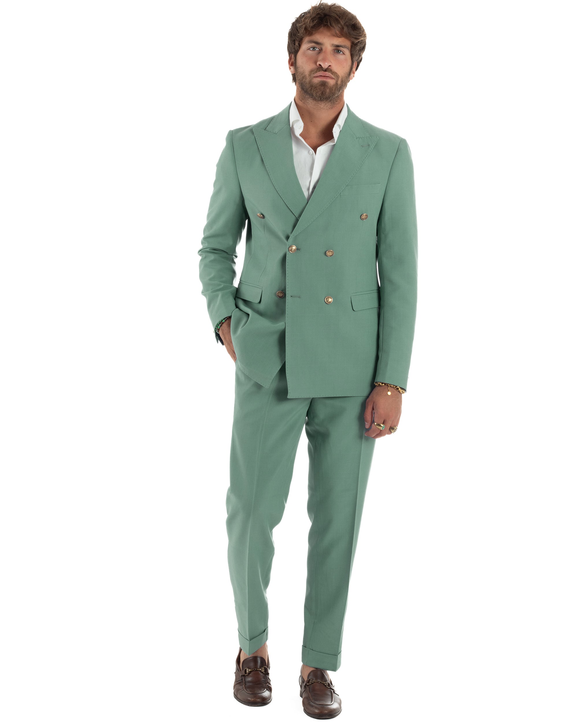 Abito Uomo Doppiopetto Vestito Completo Giacca Pantaloni Bottoni Metallo Elegante Casual Verde Salvia GIOSAL-AE1162A