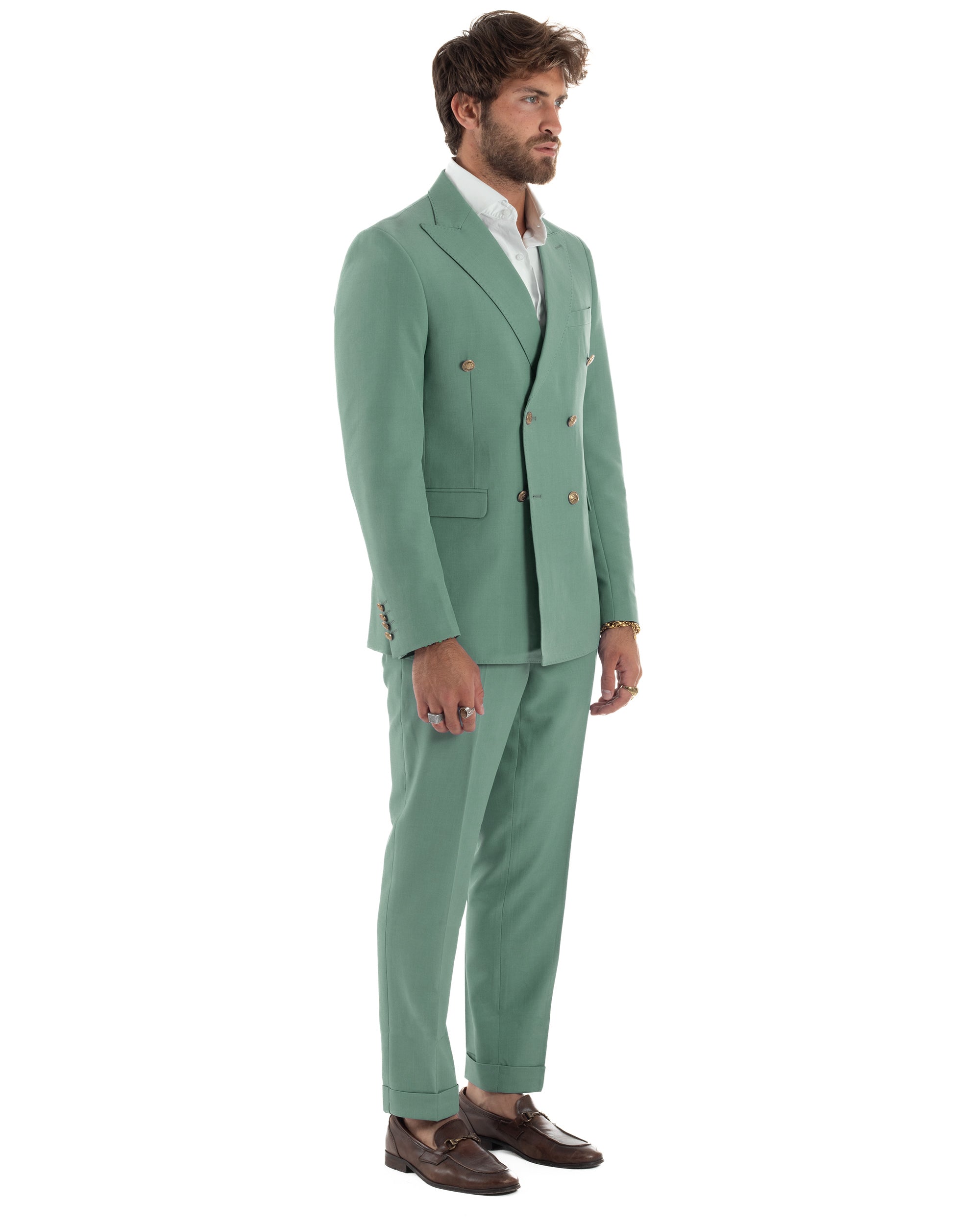 Abito Uomo Doppiopetto Vestito Completo Giacca Pantaloni Bottoni Metallo Elegante Casual Verde Salvia GIOSAL-AE1162A