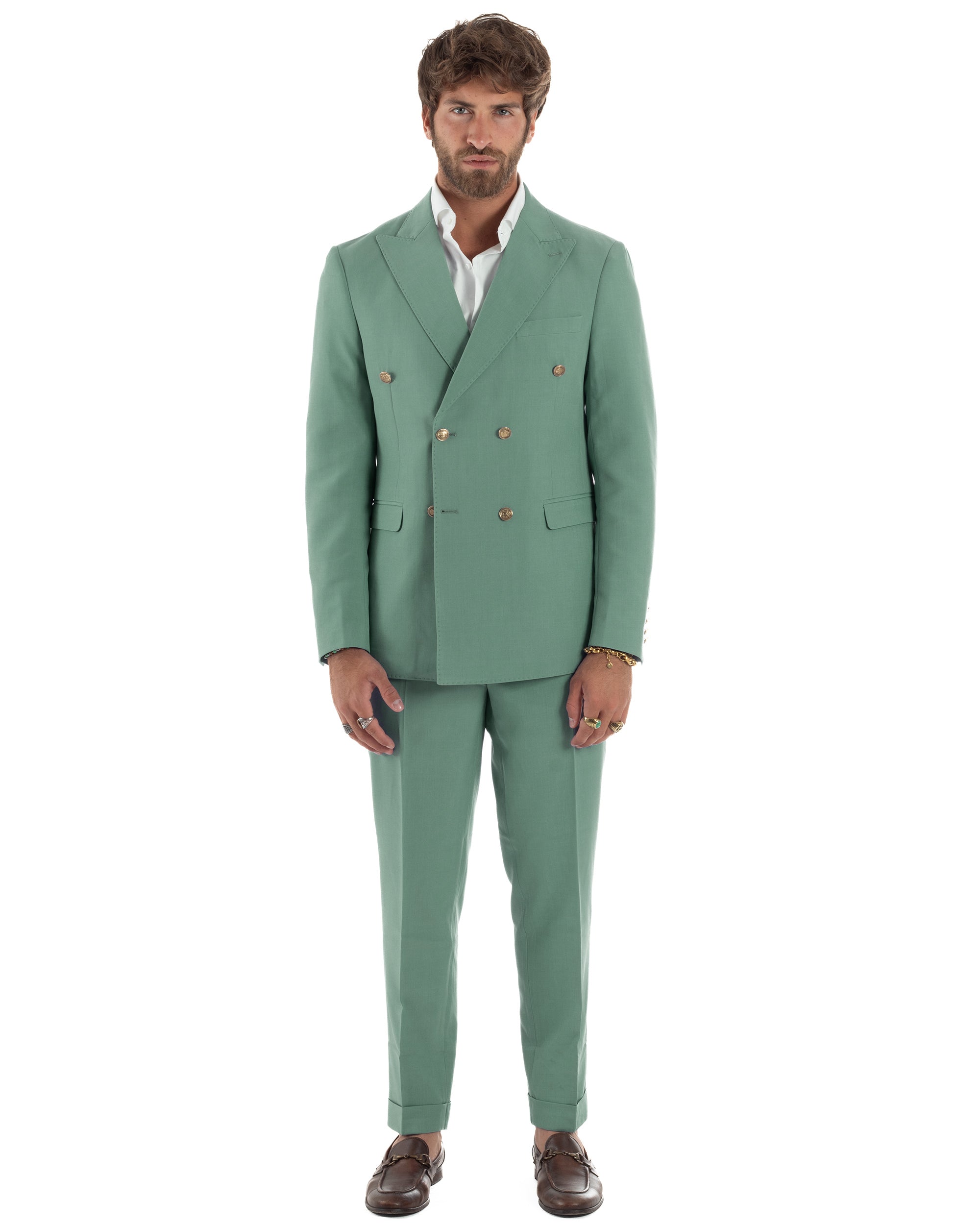 Abito Uomo Doppiopetto Vestito Completo Giacca Pantaloni Bottoni Metallo Elegante Casual Verde Salvia GIOSAL-AE1162A
