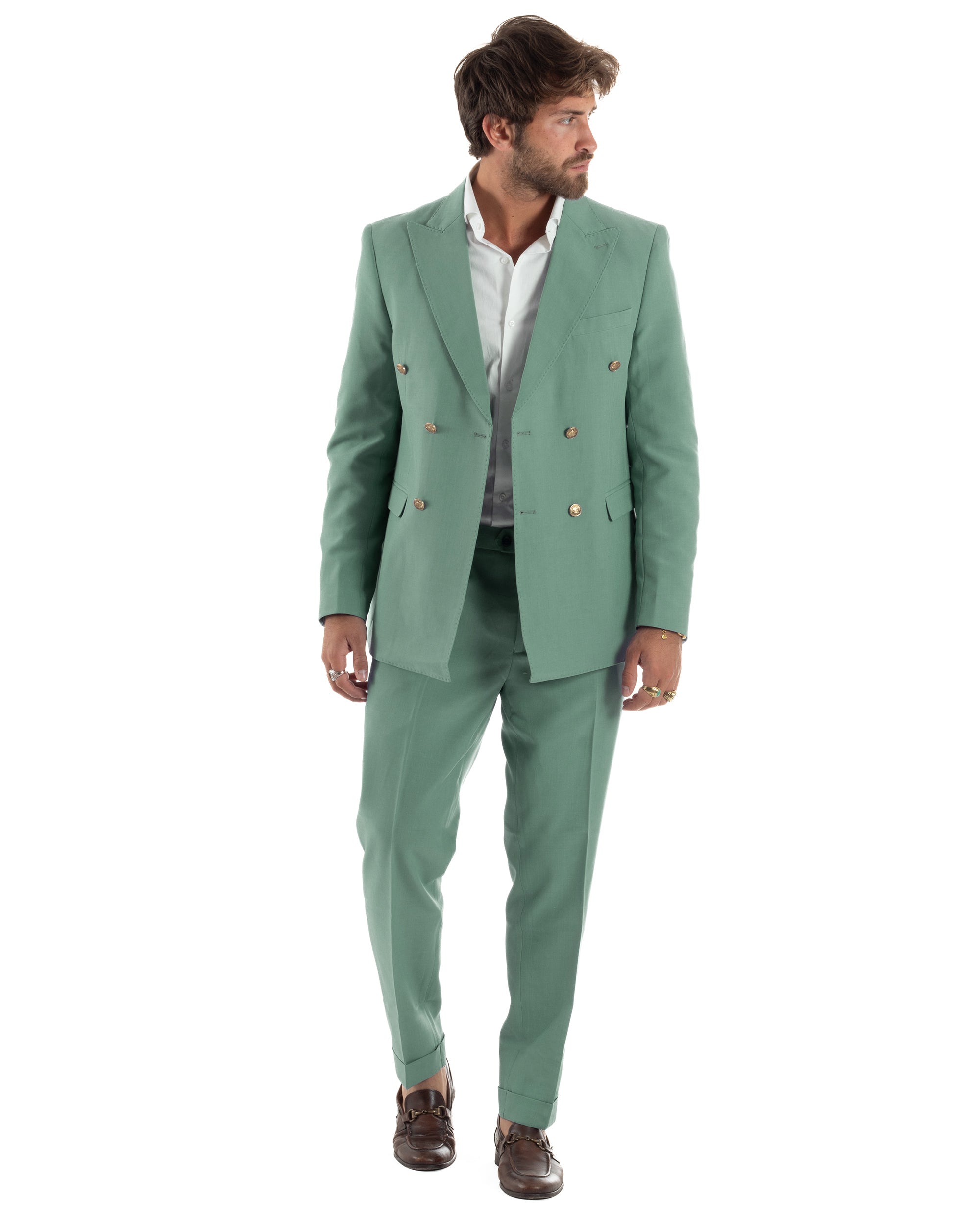 Abito Uomo Doppiopetto Vestito Completo Giacca Pantaloni Bottoni Metallo Elegante Casual Verde Salvia GIOSAL-AE1162A