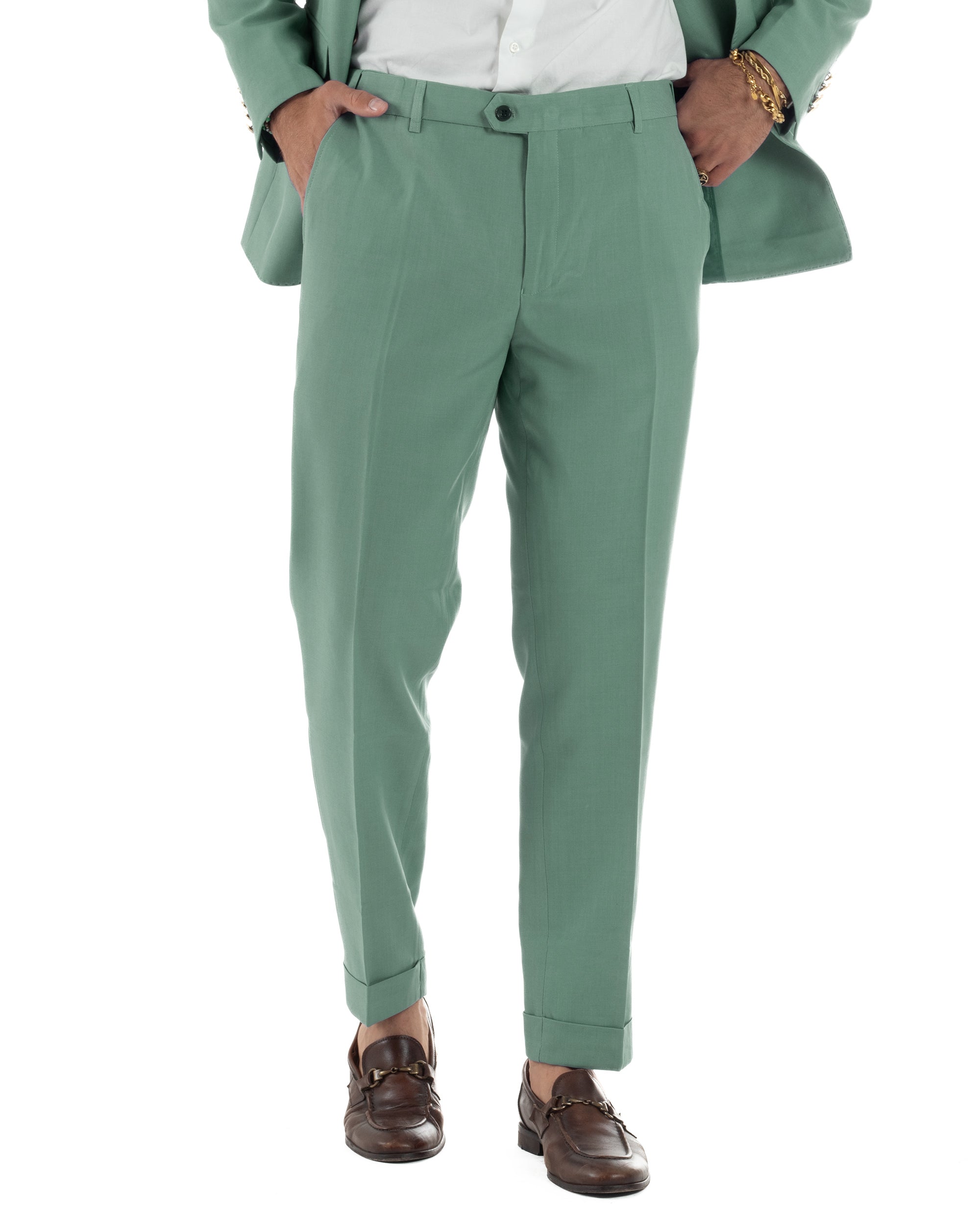 Abito Uomo Doppiopetto Vestito Completo Giacca Pantaloni Bottoni Metallo Elegante Casual Verde Salvia GIOSAL-AE1162A