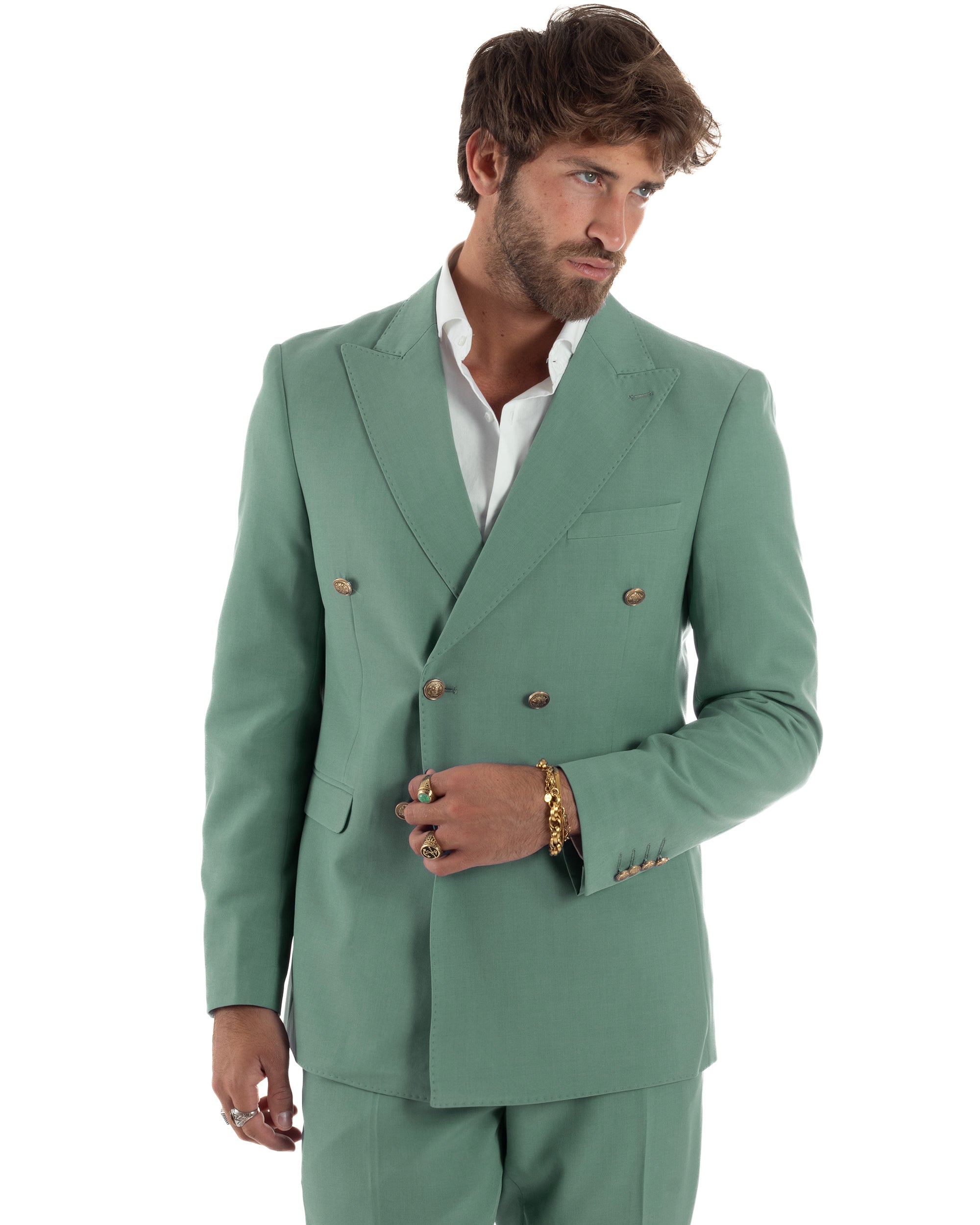 Abito Uomo Doppiopetto Vestito Completo Giacca Pantaloni Bottoni Metallo Elegante Casual Verde Salvia GIOSAL-AE1162A