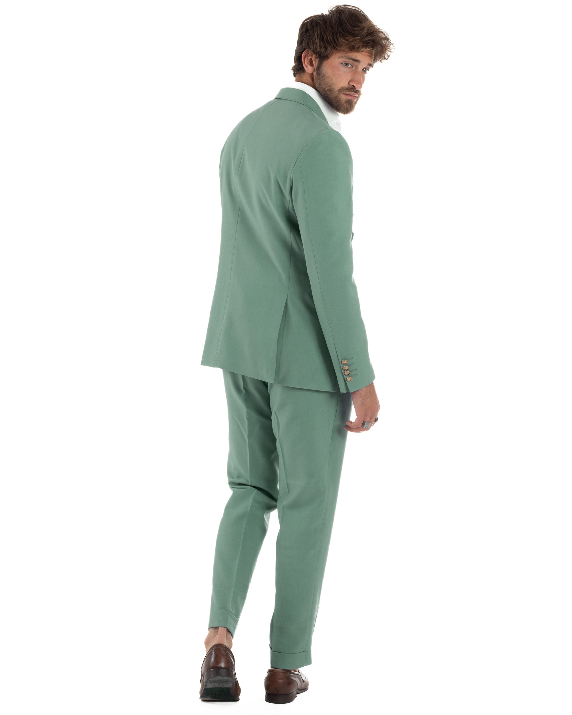 Abito Uomo Doppiopetto Vestito Completo Giacca Pantaloni Bottoni Metallo Elegante Casual Verde Salvia GIOSAL-AE1162A