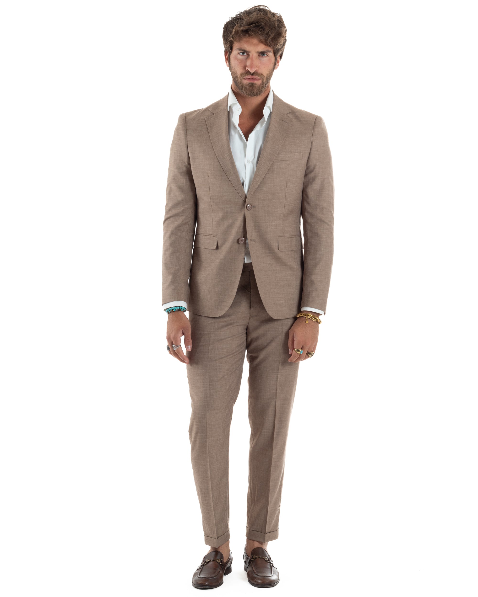 Abito Uomo Monopetto Vestito Completo Giacca Pantaloni Melangiato Elegante Casual Sabbia GIOSAL-AE1164A