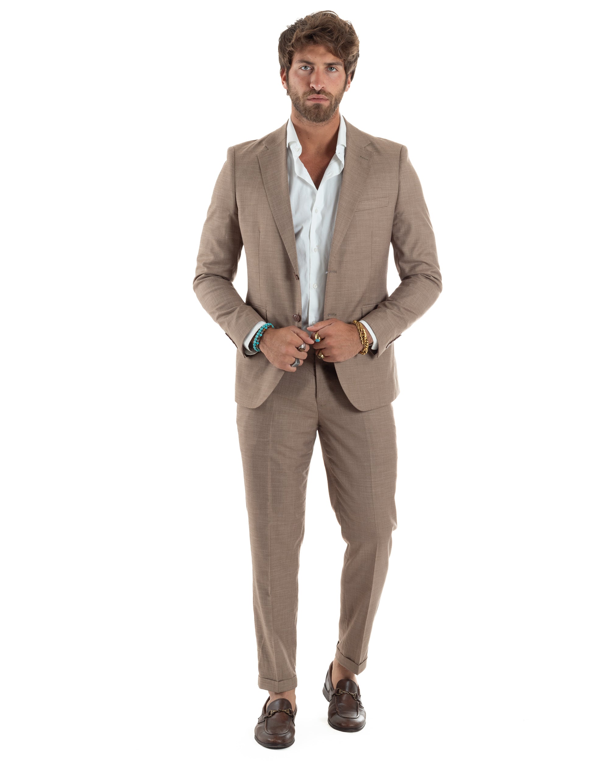 Abito Uomo Monopetto Vestito Completo Giacca Pantaloni Melangiato Elegante Casual Sabbia GIOSAL-AE1164A