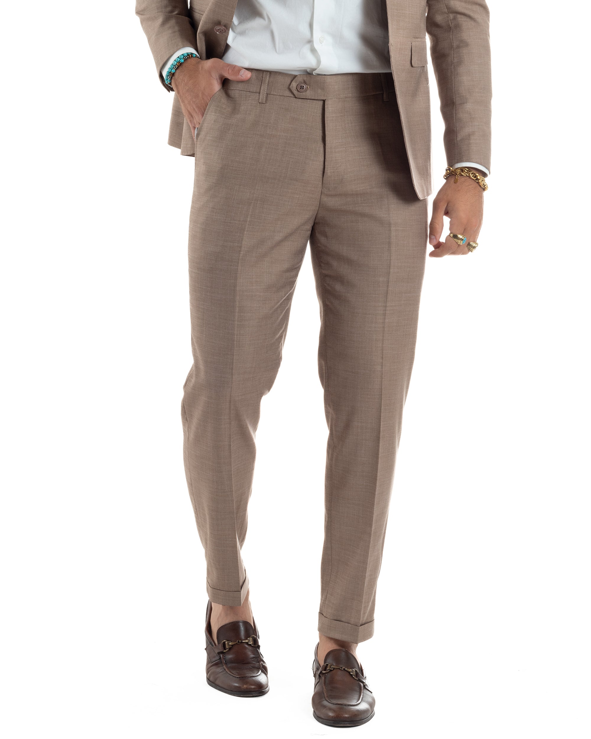 Abito Uomo Monopetto Vestito Completo Giacca Pantaloni Melangiato Elegante Casual Sabbia GIOSAL-AE1164A