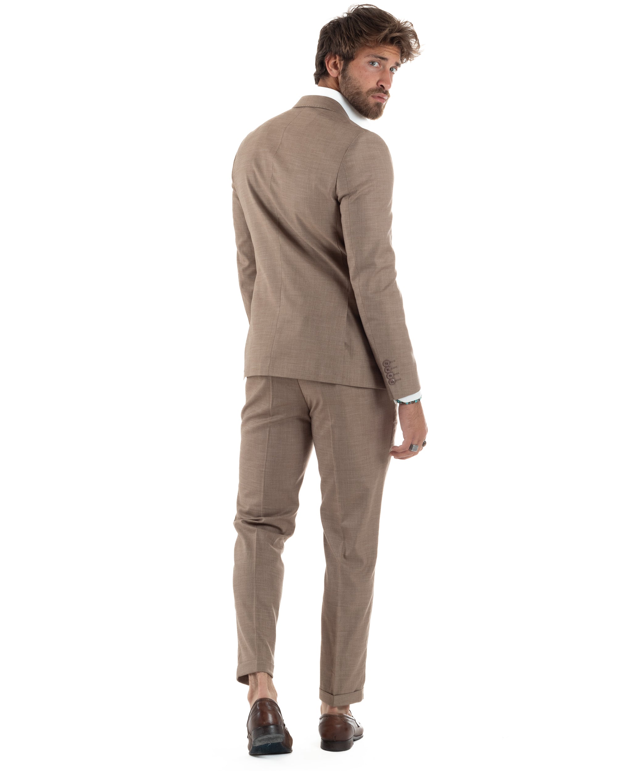Abito Uomo Monopetto Vestito Completo Giacca Pantaloni Melangiato Elegante Casual Sabbia GIOSAL-AE1164A