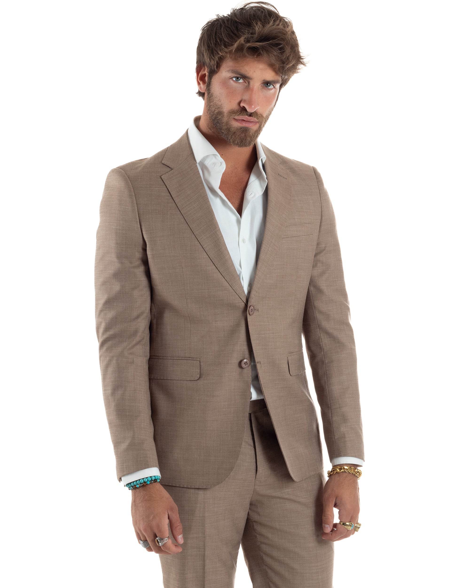 Abito Uomo Monopetto Vestito Completo Giacca Pantaloni Melangiato Elegante Casual Sabbia GIOSAL-AE1164A