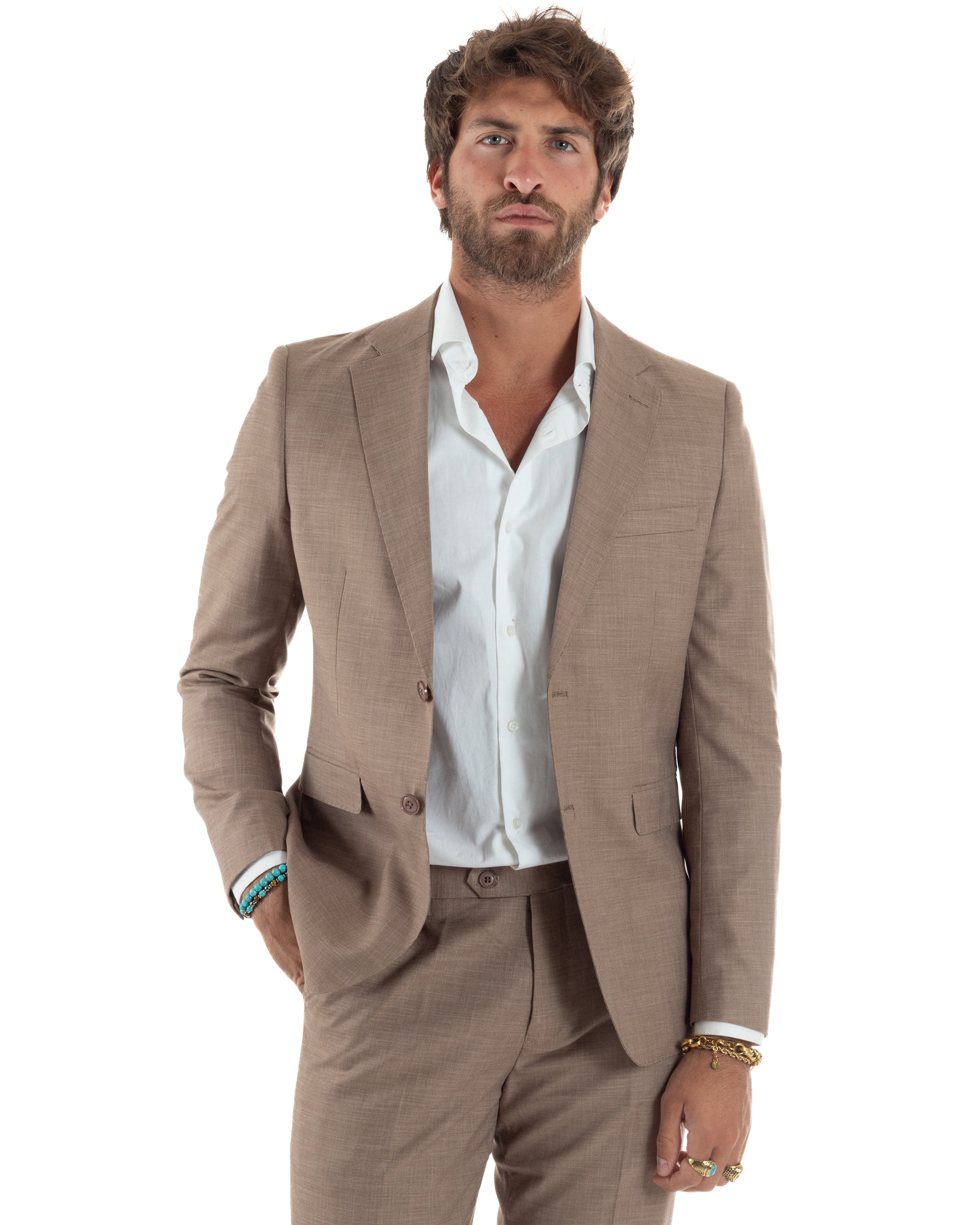 Abito Uomo Monopetto Vestito Completo Giacca Pantaloni Melangiato Elegante Casual Sabbia GIOSAL-AE1164A