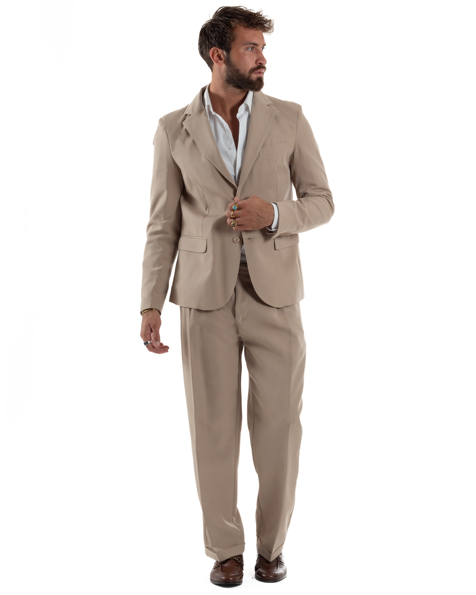 Abito Uomo Monopetto Viscosa Pantaloni Baggy Beige AE1185A