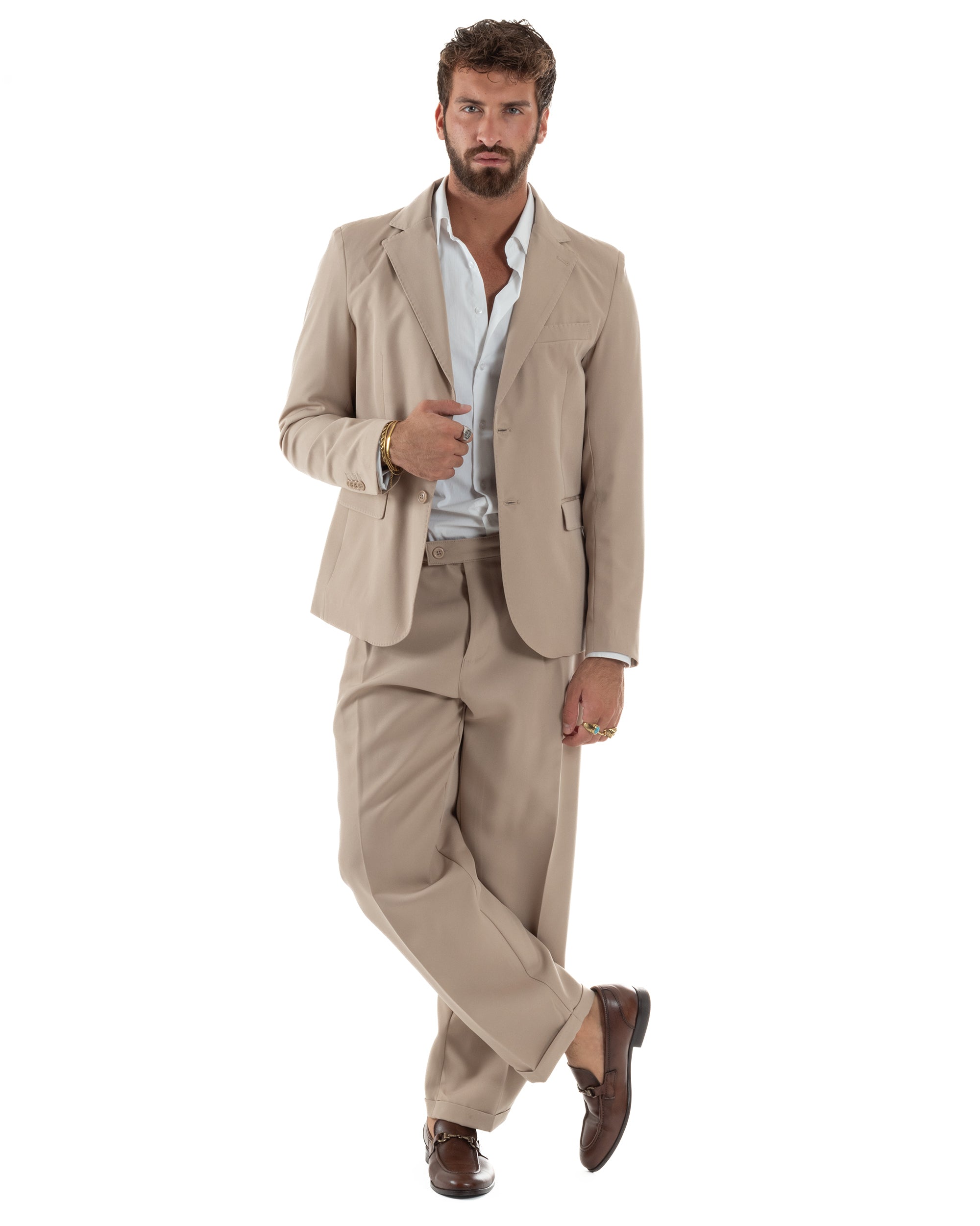 Abito Uomo Monopetto Viscosa Pantaloni Baggy Beige AE1185A