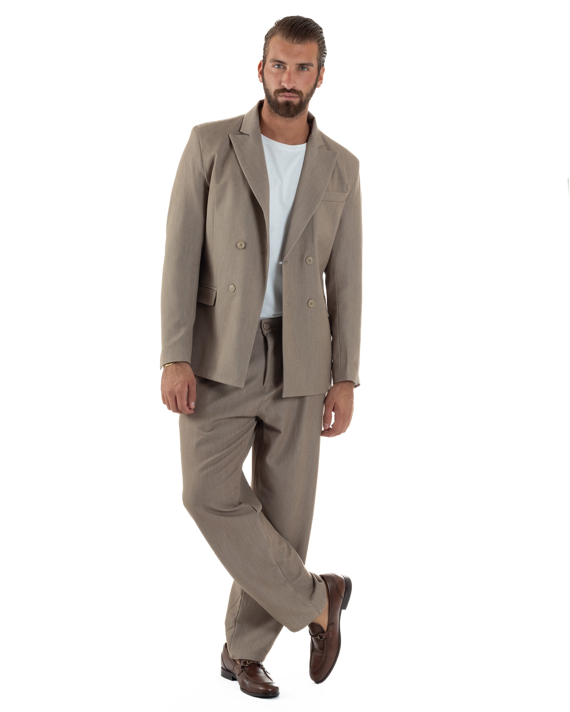 Abito Uomo Doppiopetto Viscosa Pantaloni Baggy Beige Melangiato AE1191A