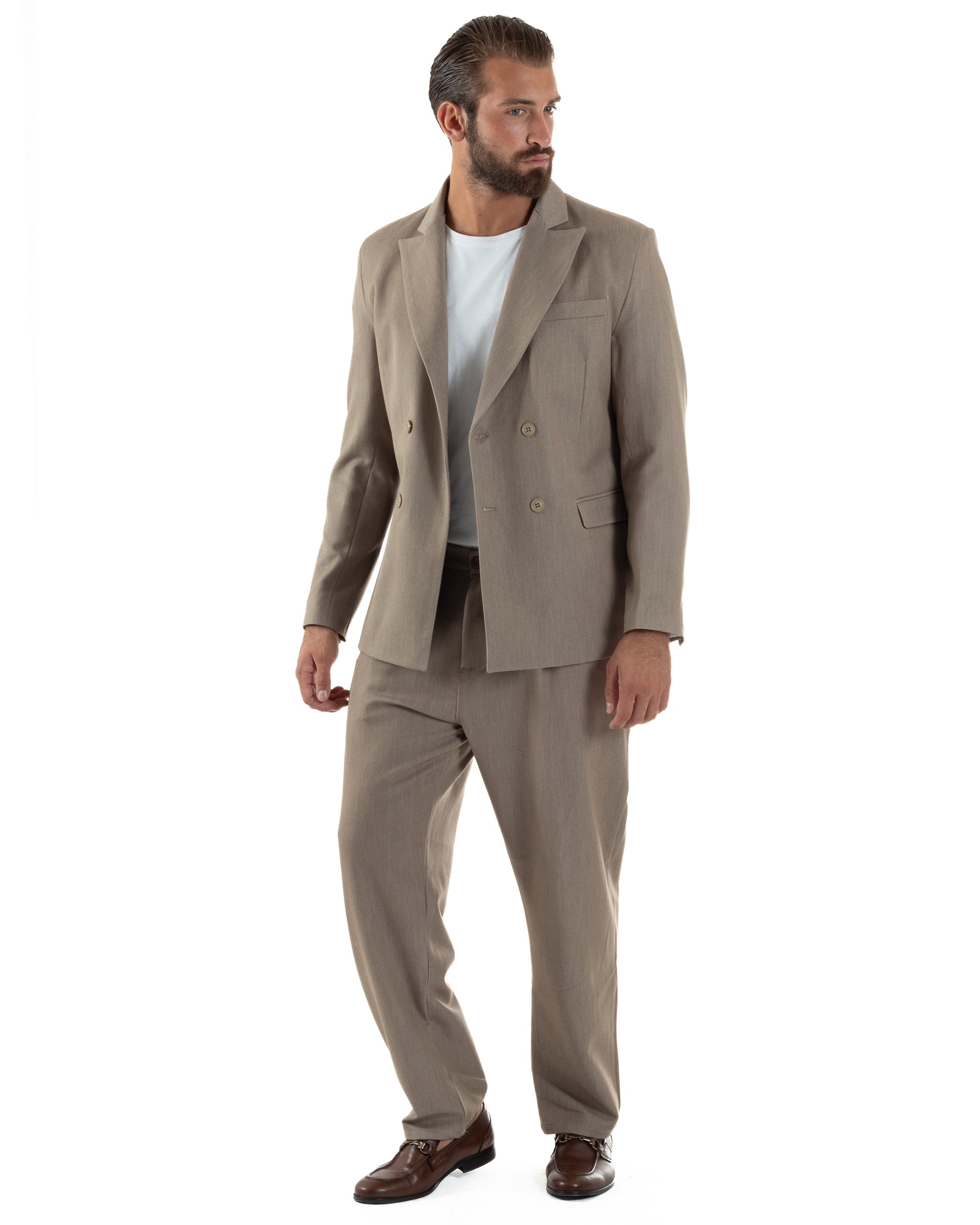 Abito Uomo Doppiopetto Viscosa Pantaloni Baggy Beige Melangiato AE1191A