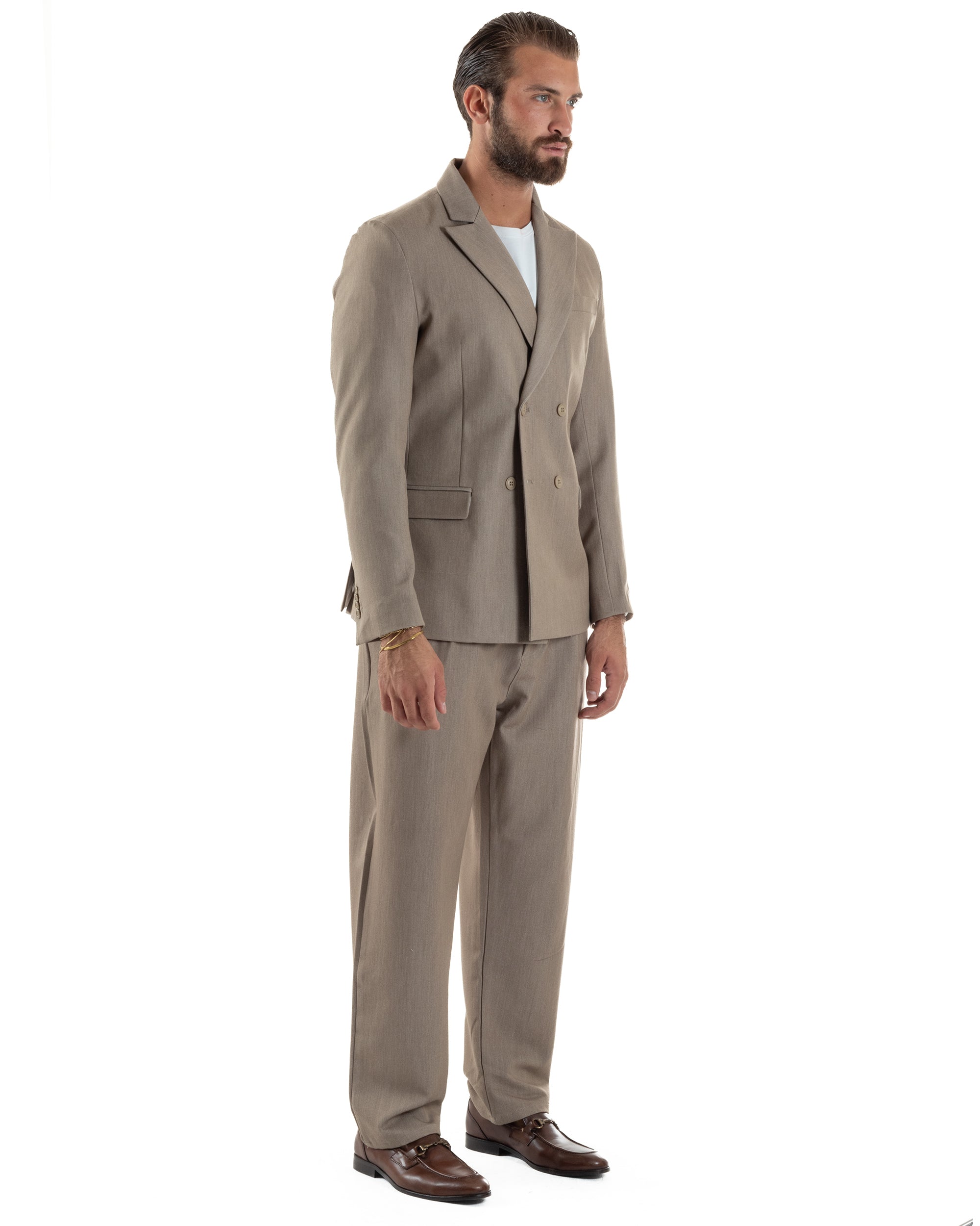 Abito Uomo Doppiopetto Viscosa Pantaloni Baggy Beige Melangiato AE1191A