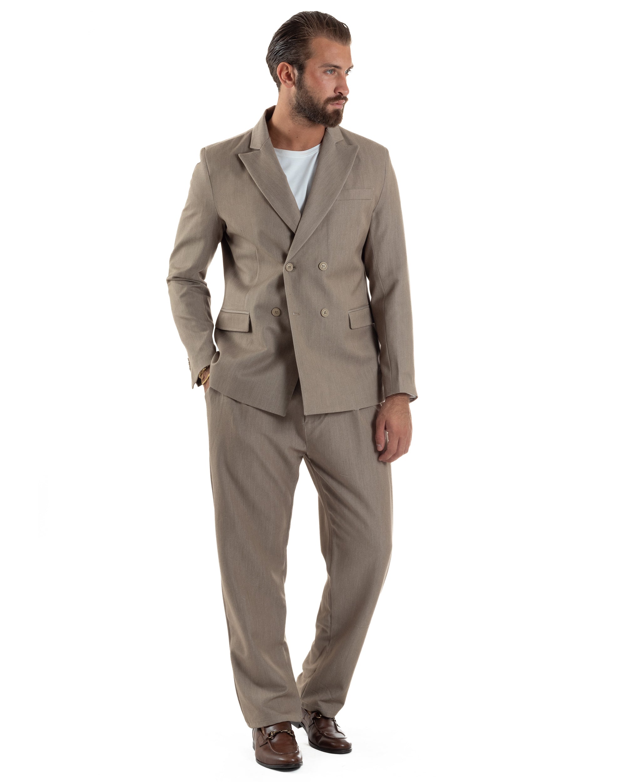 Abito Uomo Doppiopetto Viscosa Pantaloni Baggy Beige Melangiato AE1191A
