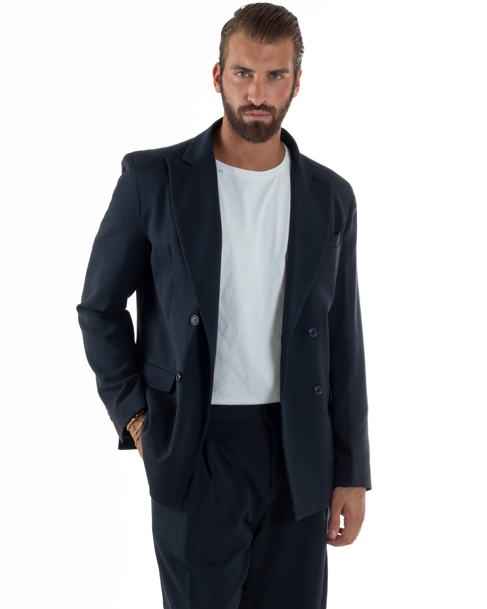 Abito Uomo Doppiopetto Viscosa Pantaloni Baggy Blu AE1192A